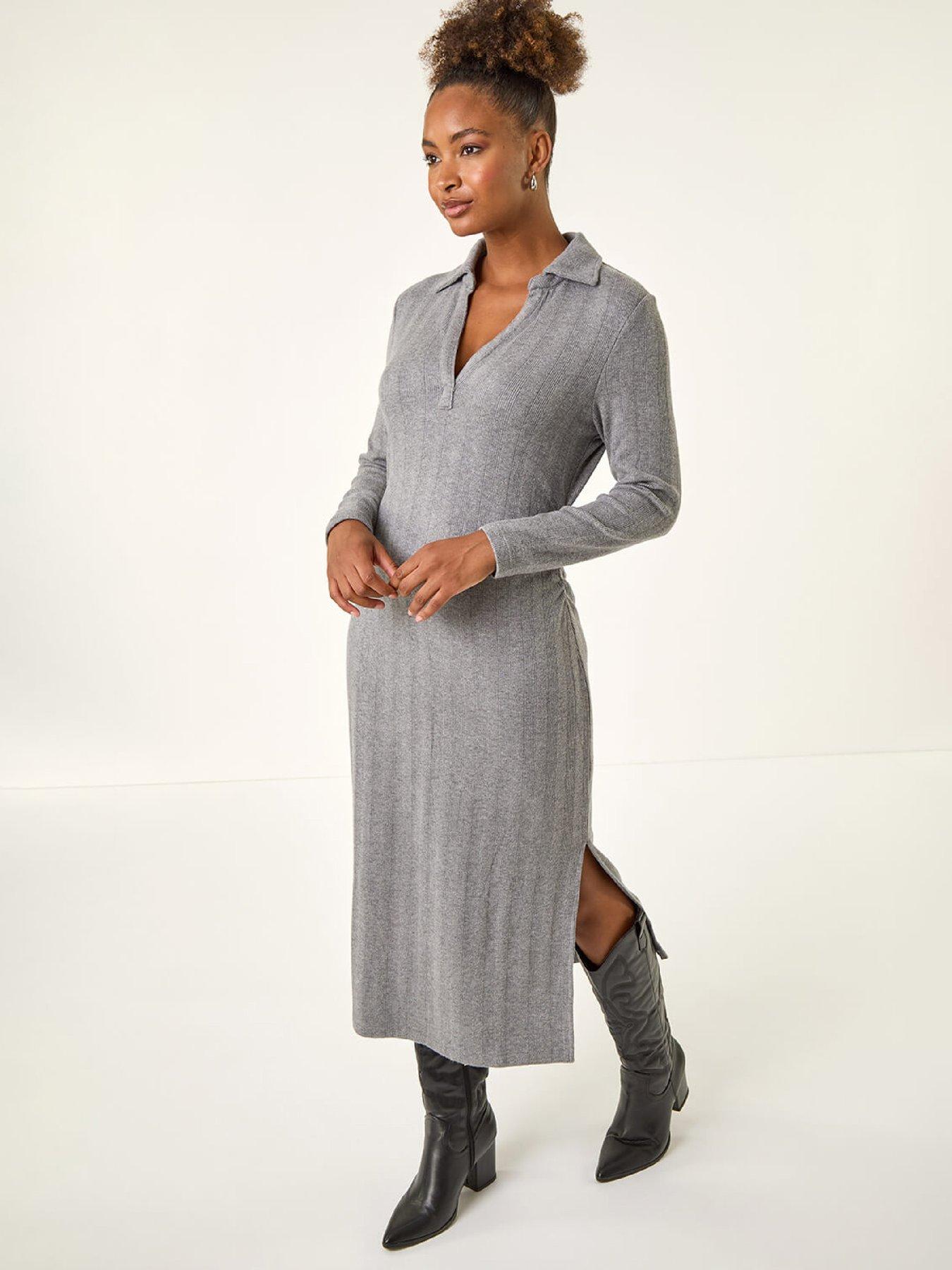 Image 1 of 5 of Roman Collar Ribbed Knit Mid Dress - Grey