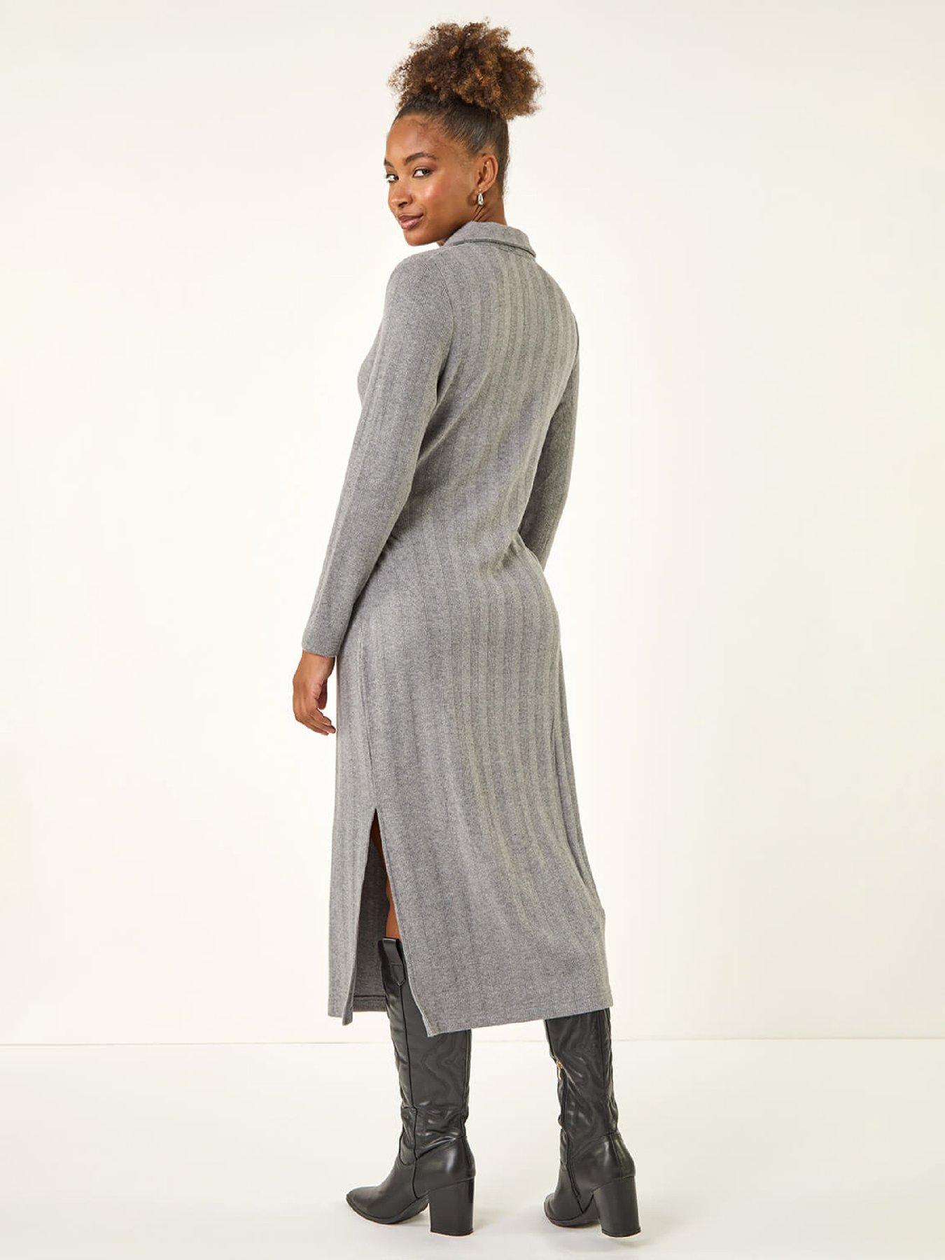 Image 2 of 5 of Roman Collar Ribbed Knit Mid Dress - Grey