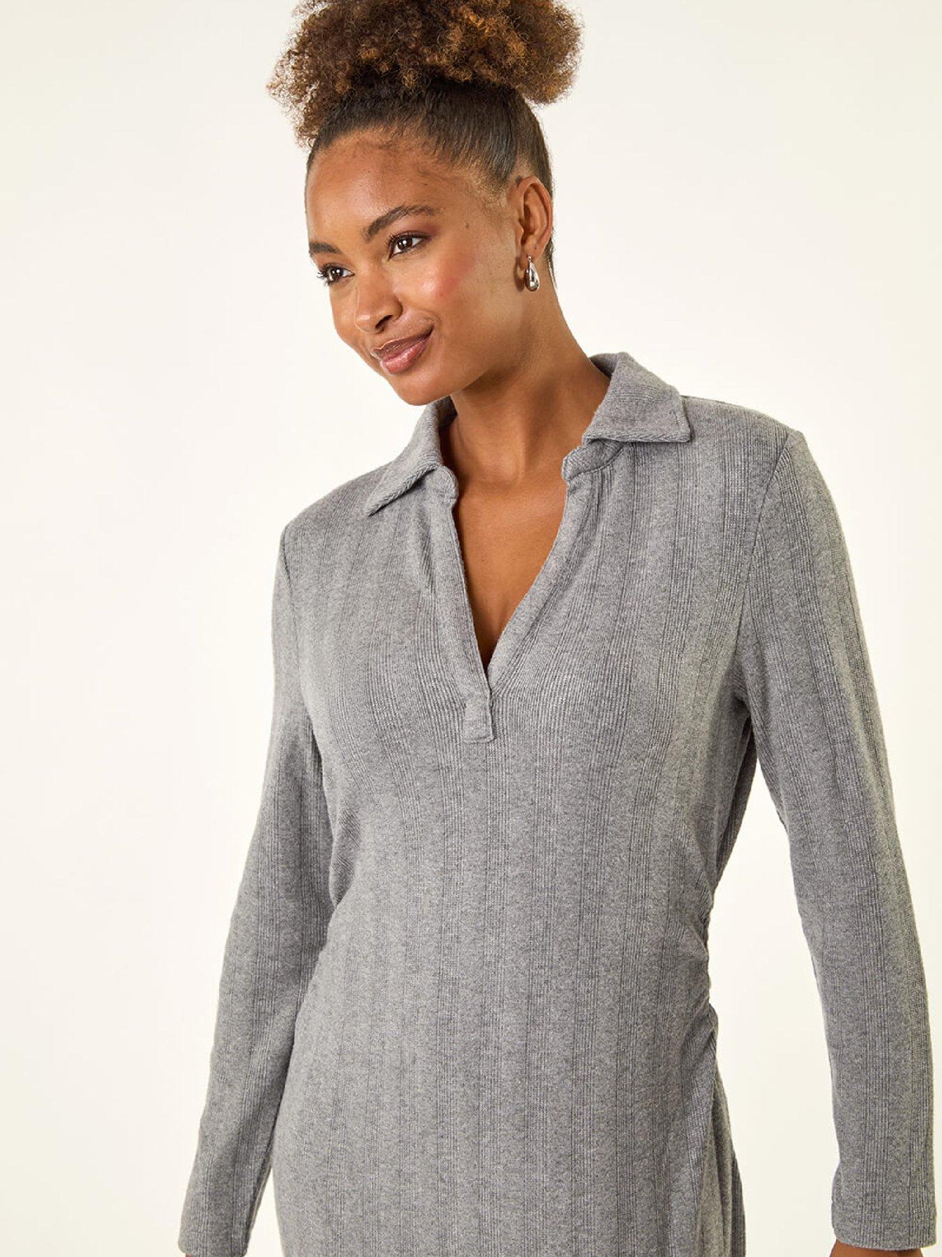 Image 4 of 5 of Roman Collar Ribbed Knit Mid Dress - Grey