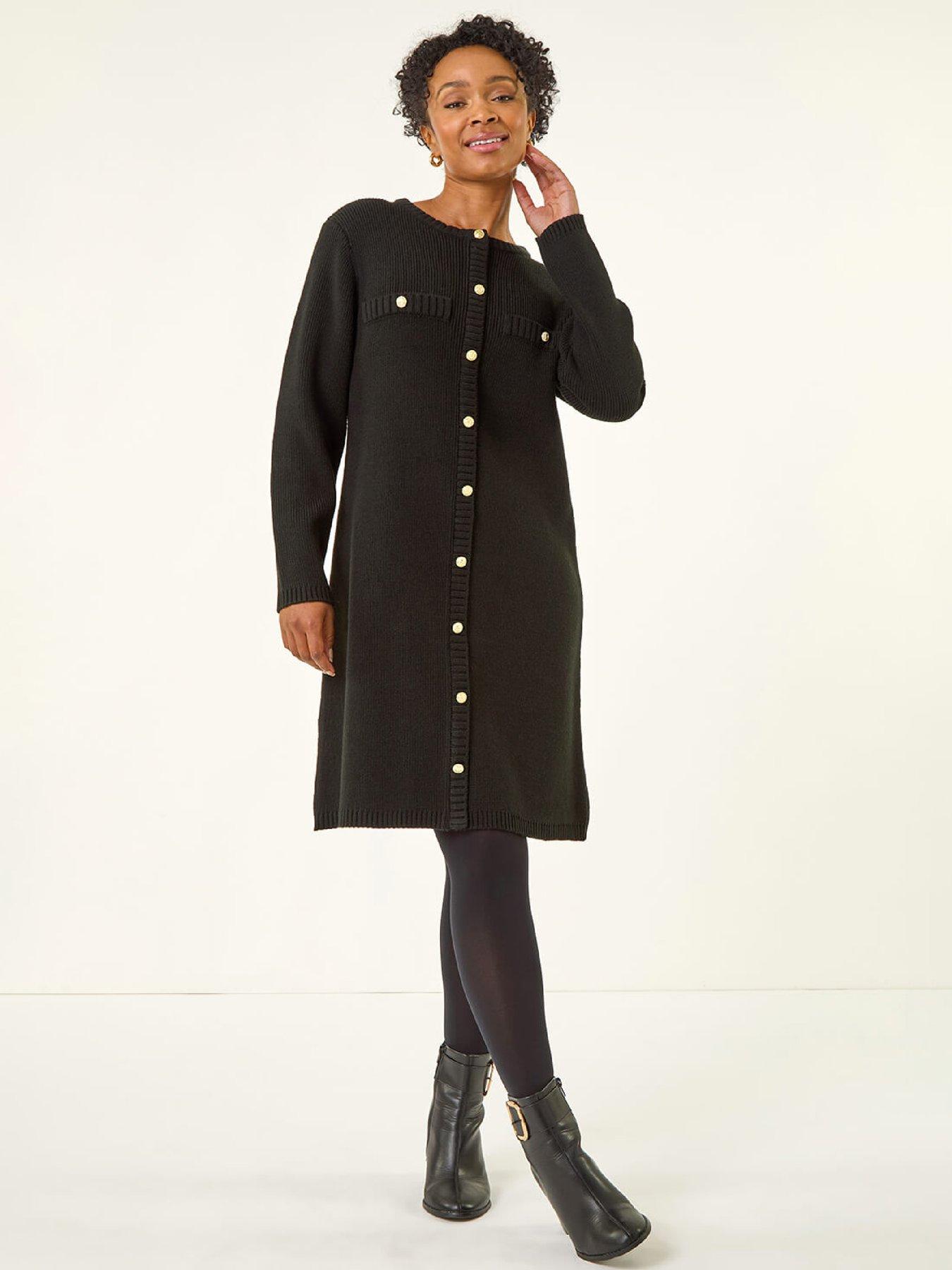 Roman Petite Button Detail Knit Dress - Black