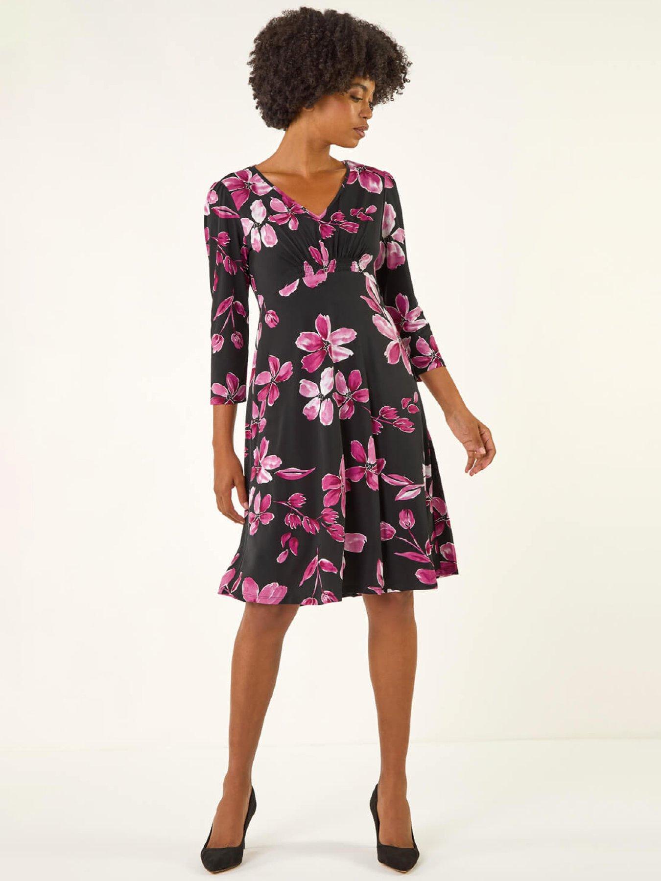 Roman Floral Print Gathered Stretch Midi Dress - Magenta