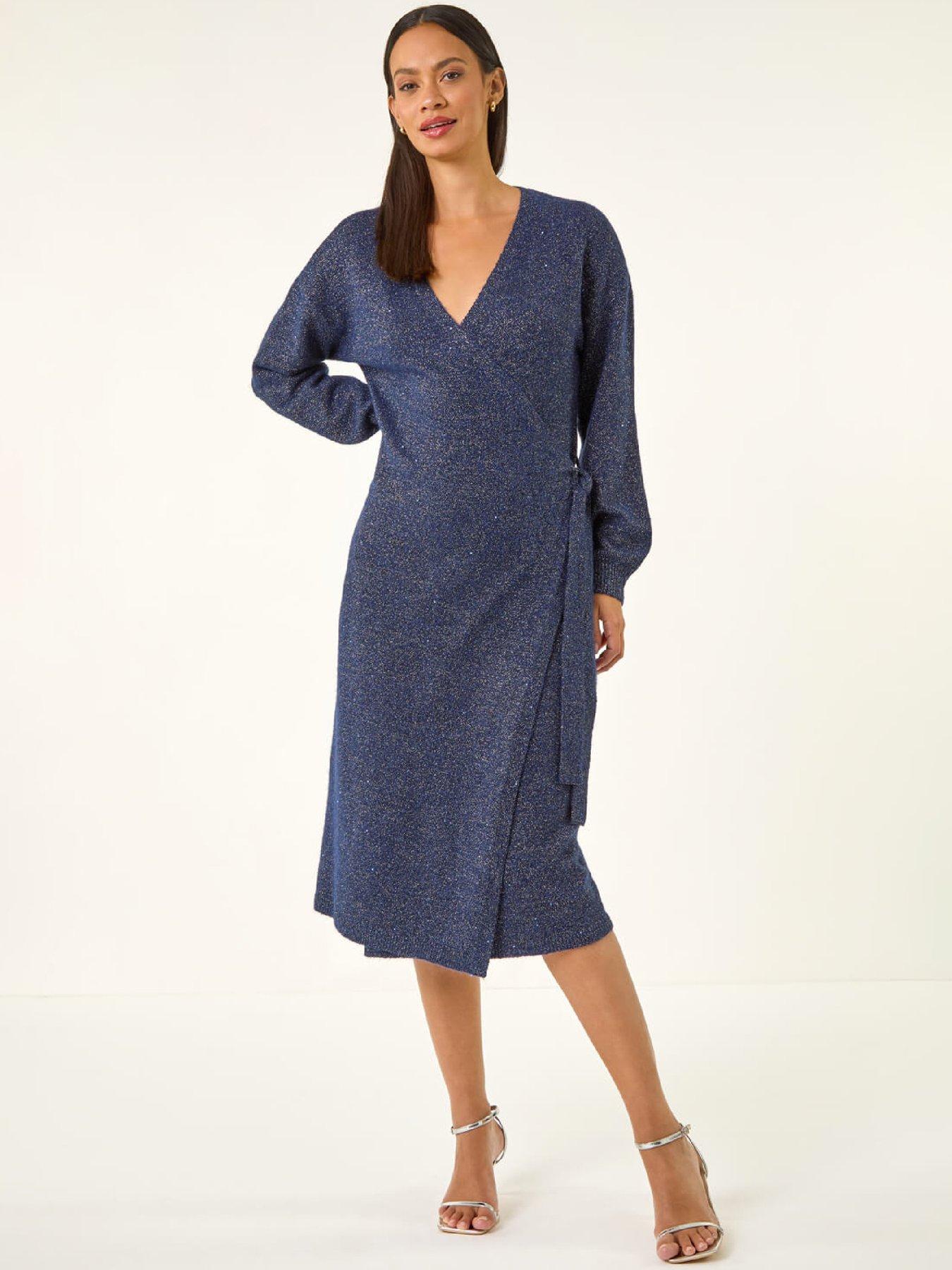 Roman Dusk Shimmer Wrap Knit Dress - Midnight Blue