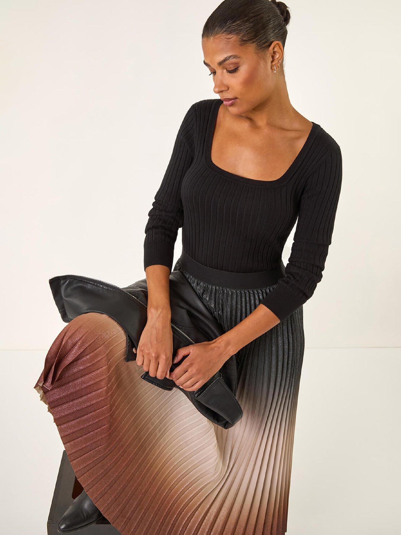  image of roman-ombre-pleated-stretch-skirt-mocha