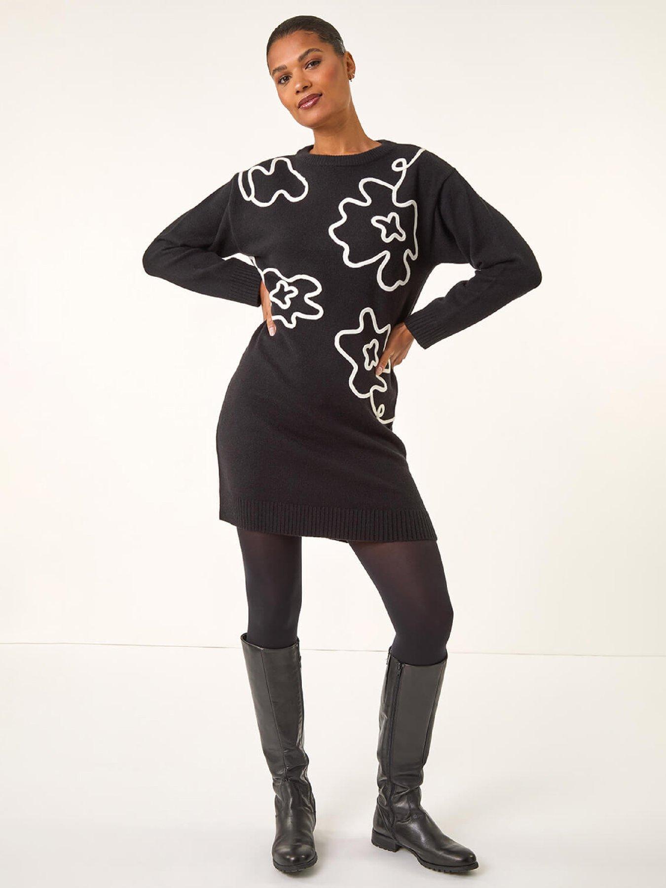  image of roman-floral-motif-knit-dress-black