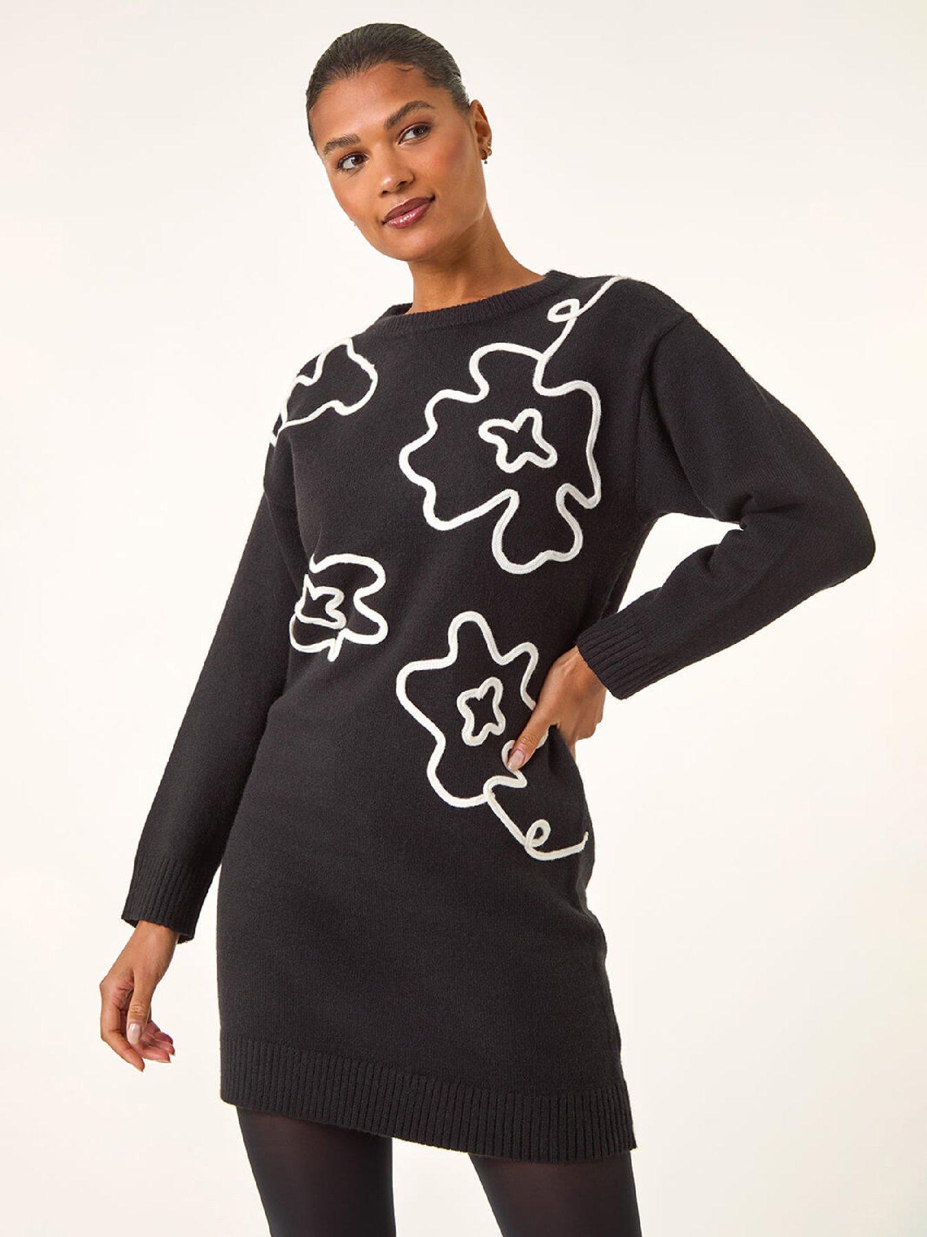  image of roman-floral-motif-knit-dress-black