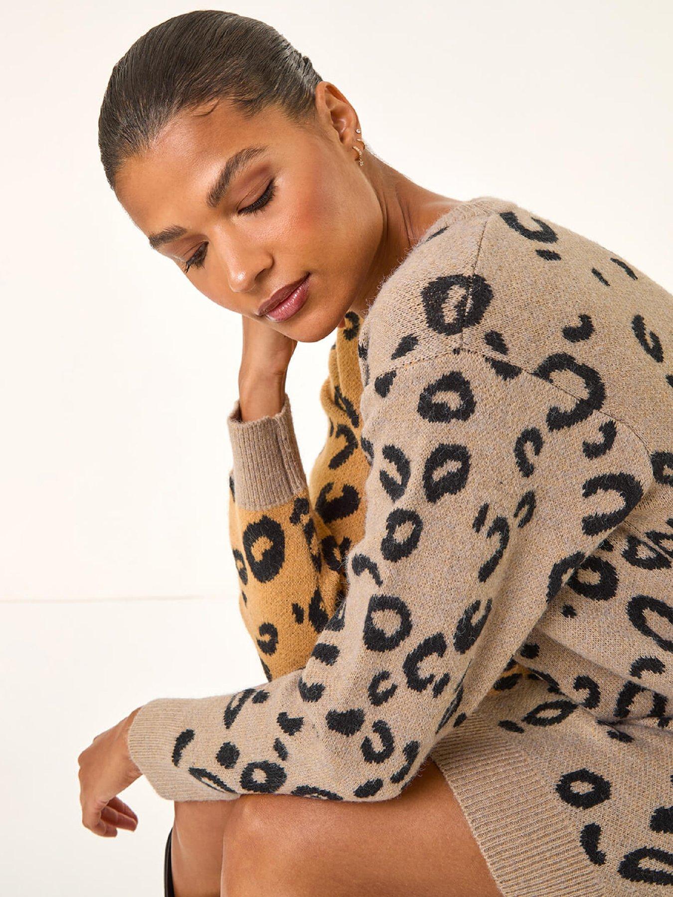 Image 4 of 5 of Roman Animal Print Knitted Shift Dress - Tan