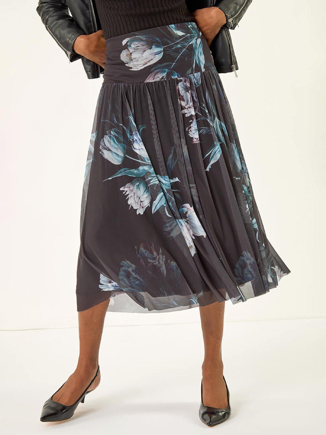 Roman Floral Print Mesh Layered Skirt - Black