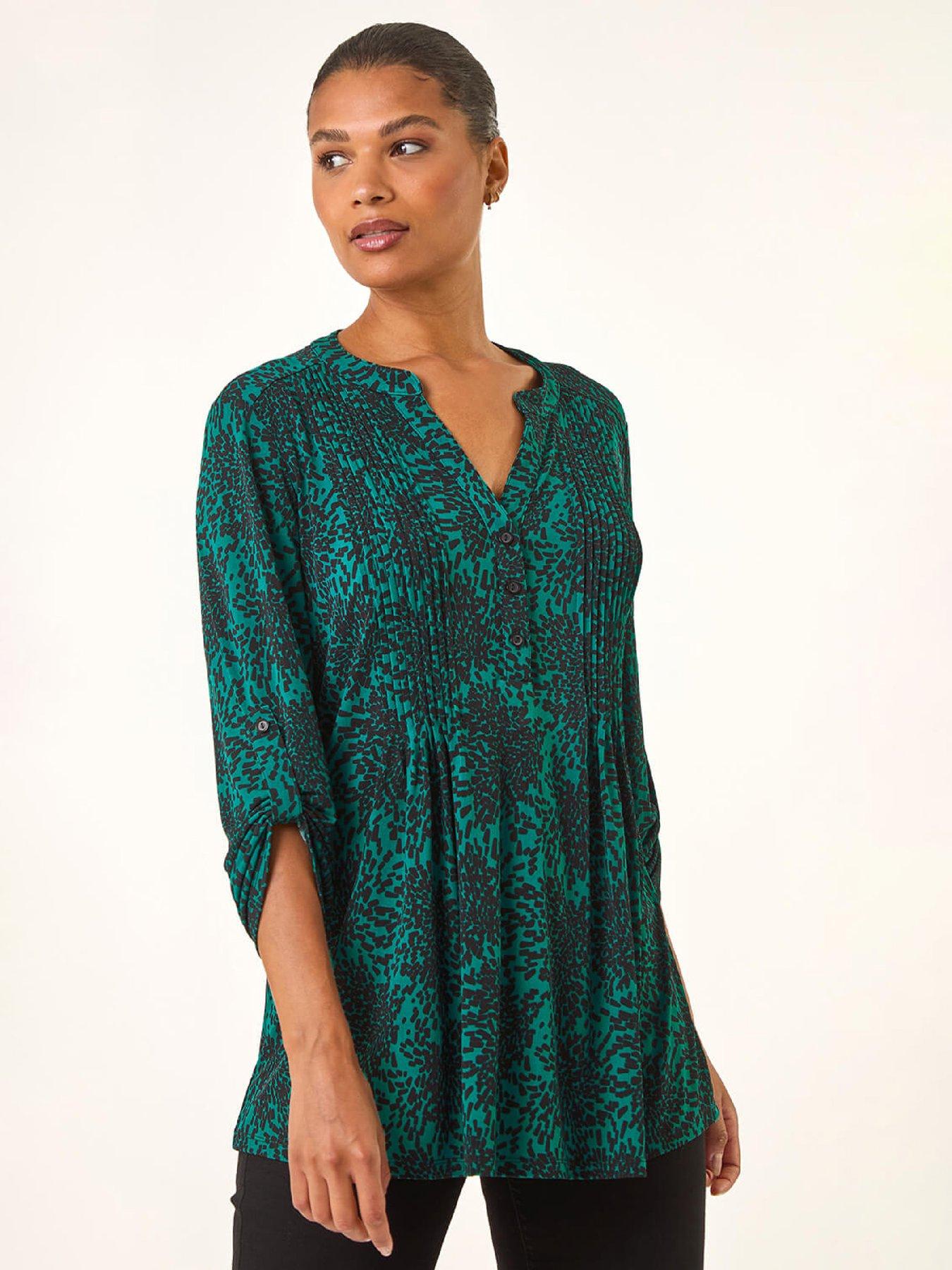 Roman Abstract Print V-Neck Stretch Top - Teal