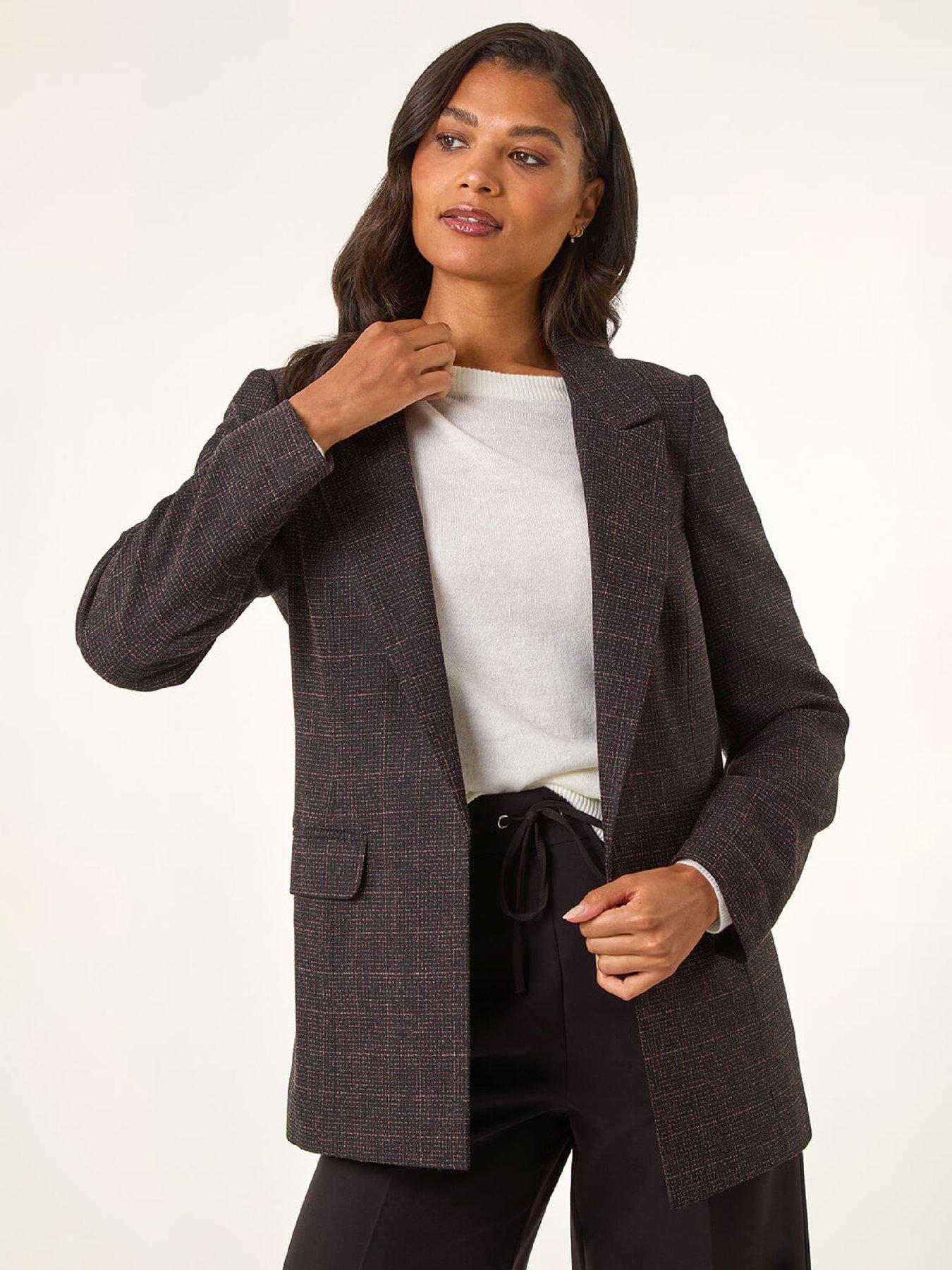 Roman Check Print Longline Blazer - Aubergine