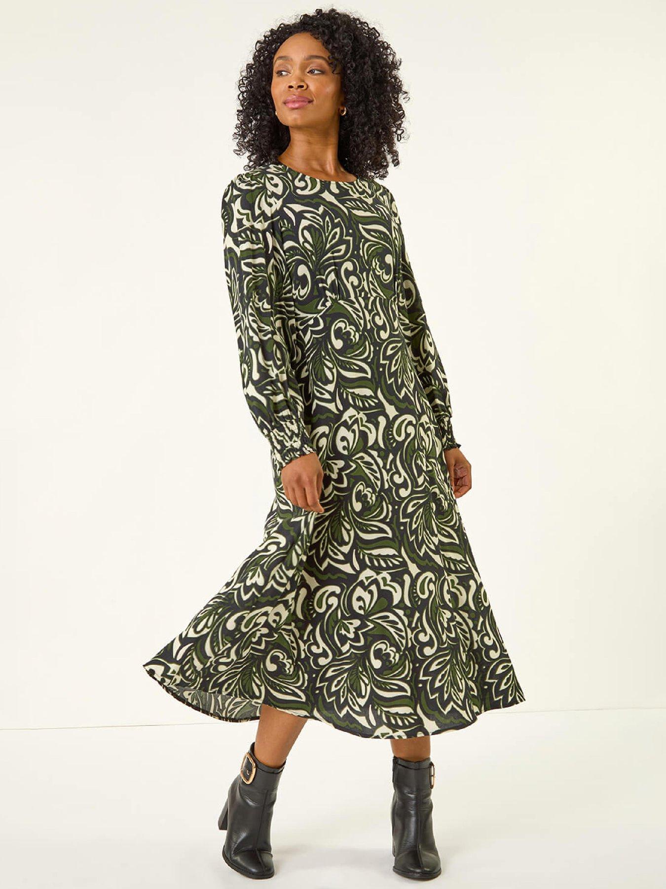 Image 1 of 5 of Roman Petite Printed Shirred Midi Dress - Black