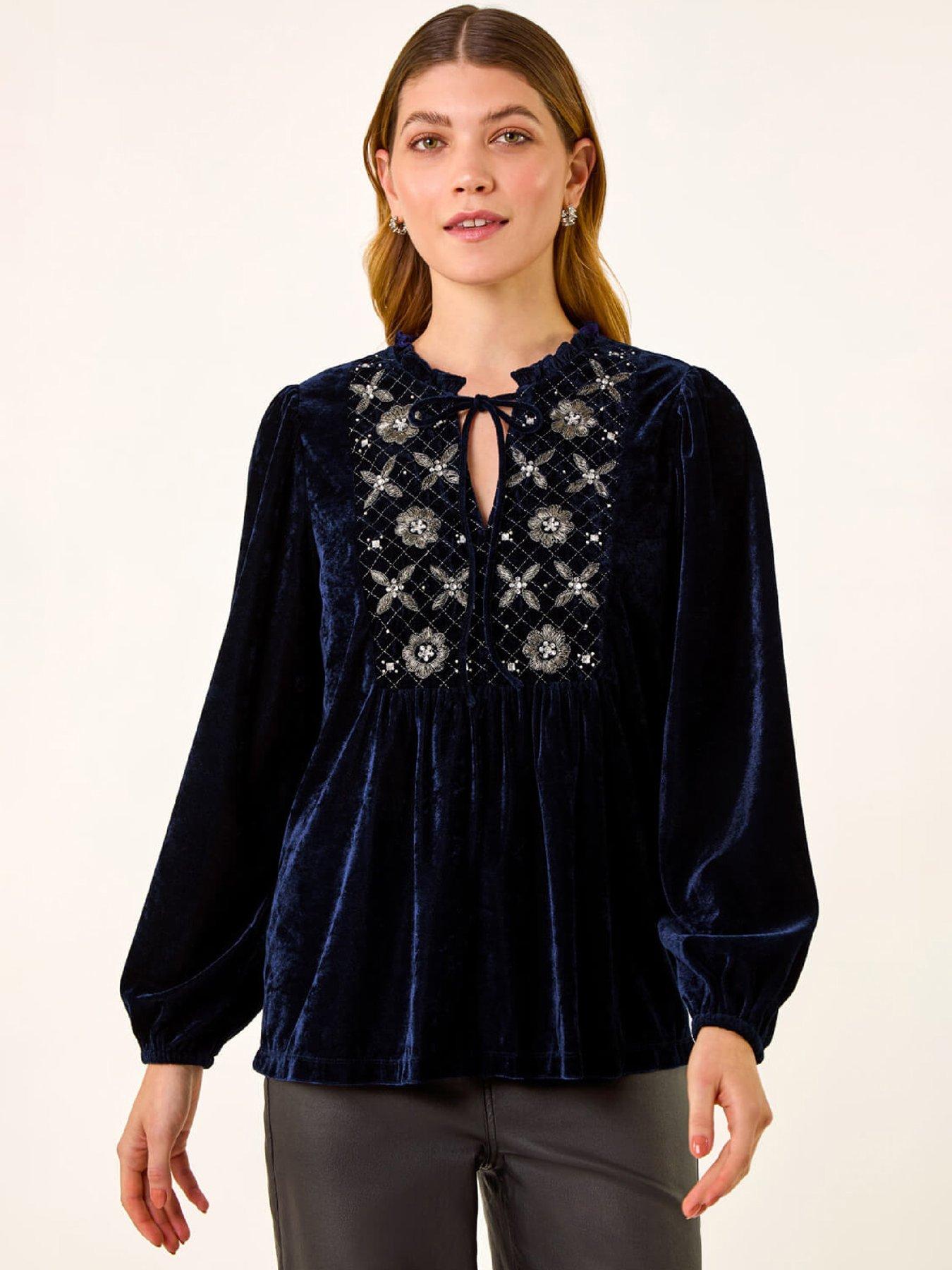 Roman Velvet Embroidered Tie Top - Navy