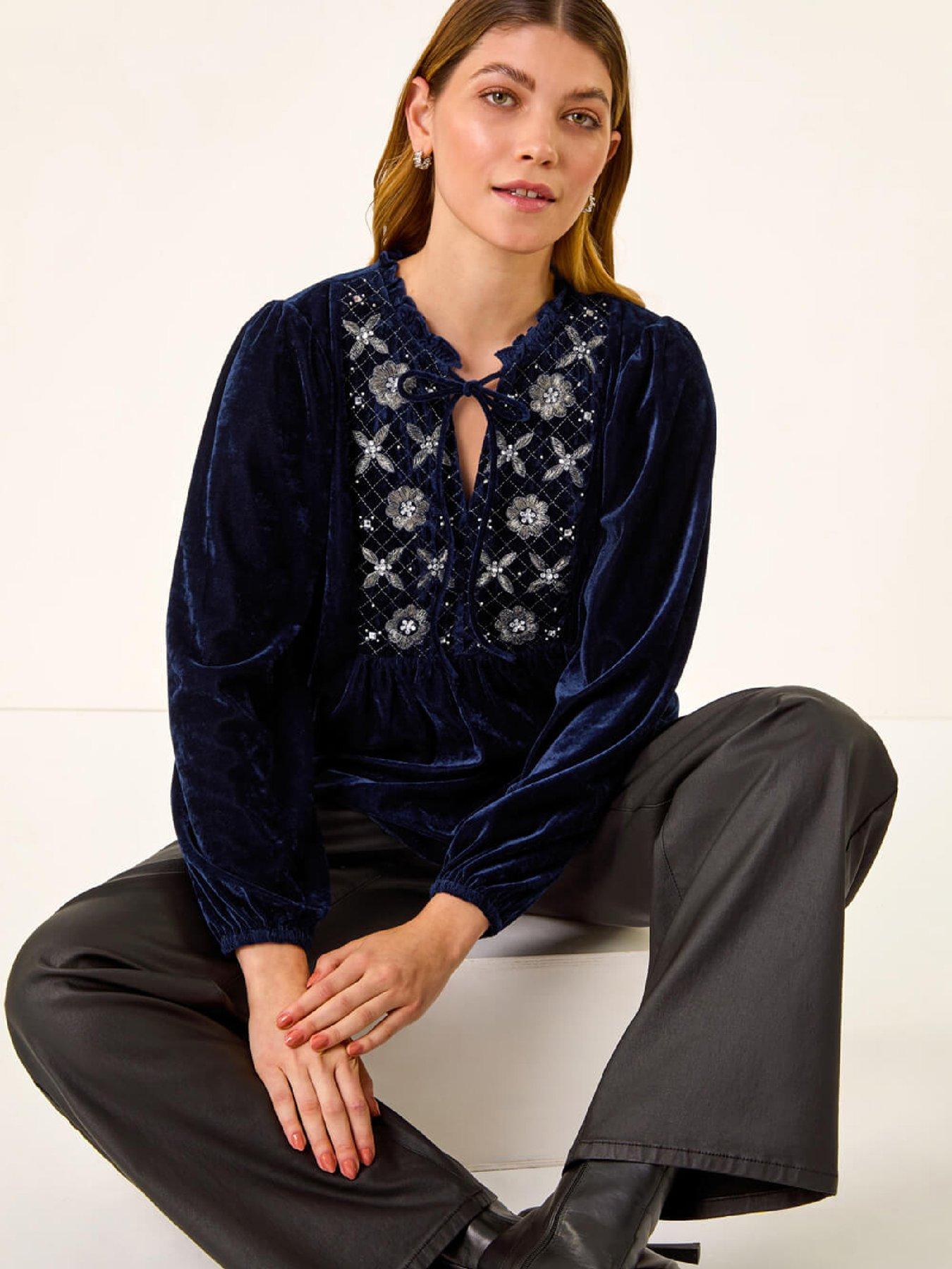  image of roman-velvet-embroidered-tie-top-navy