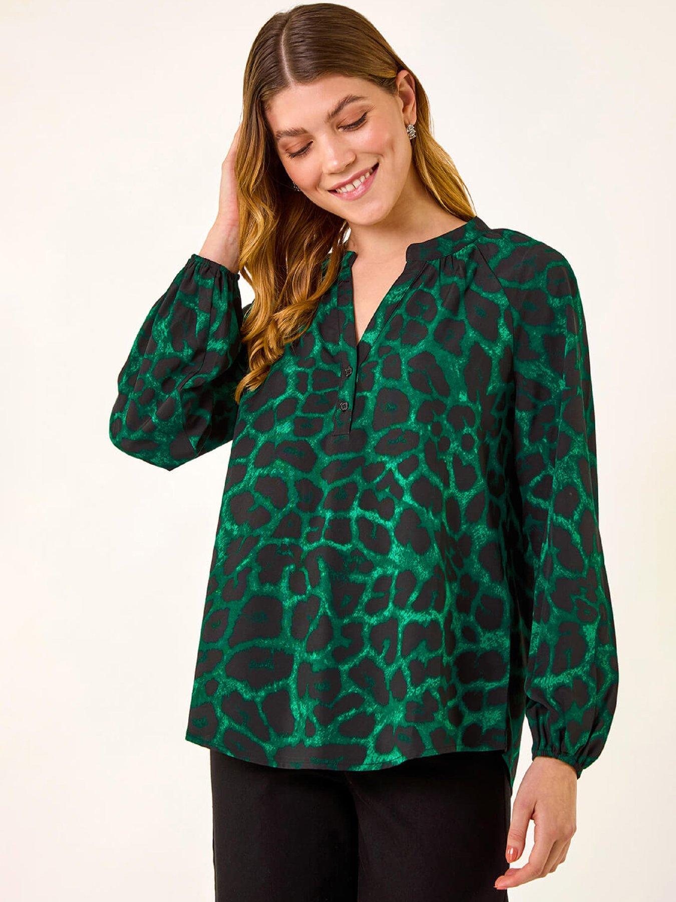 Roman Animal Print V-Neck Top - Green