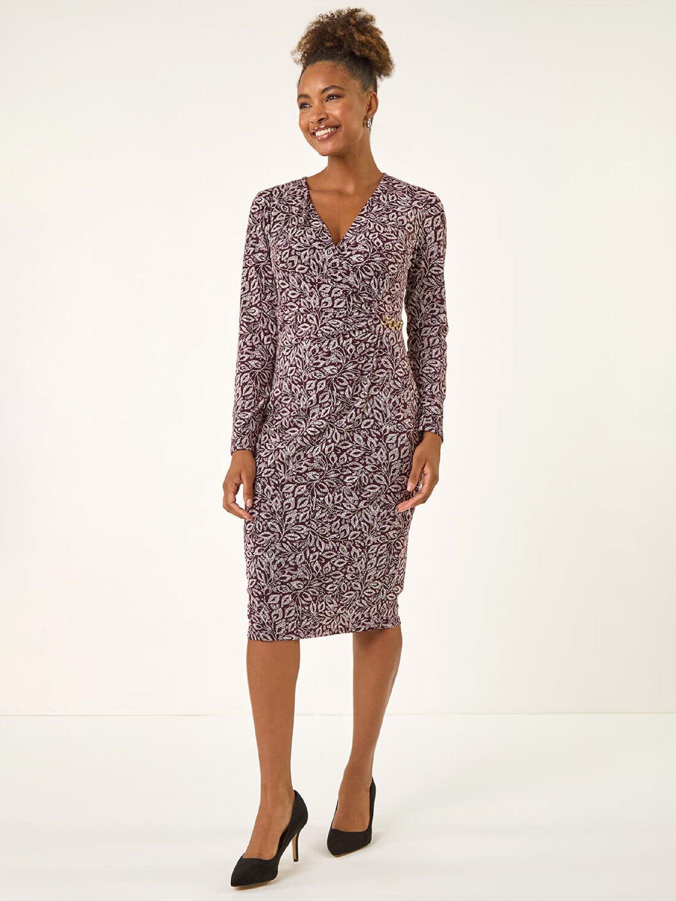  image of roman-leaf-print-chain-detail-midi-dress-burgundy