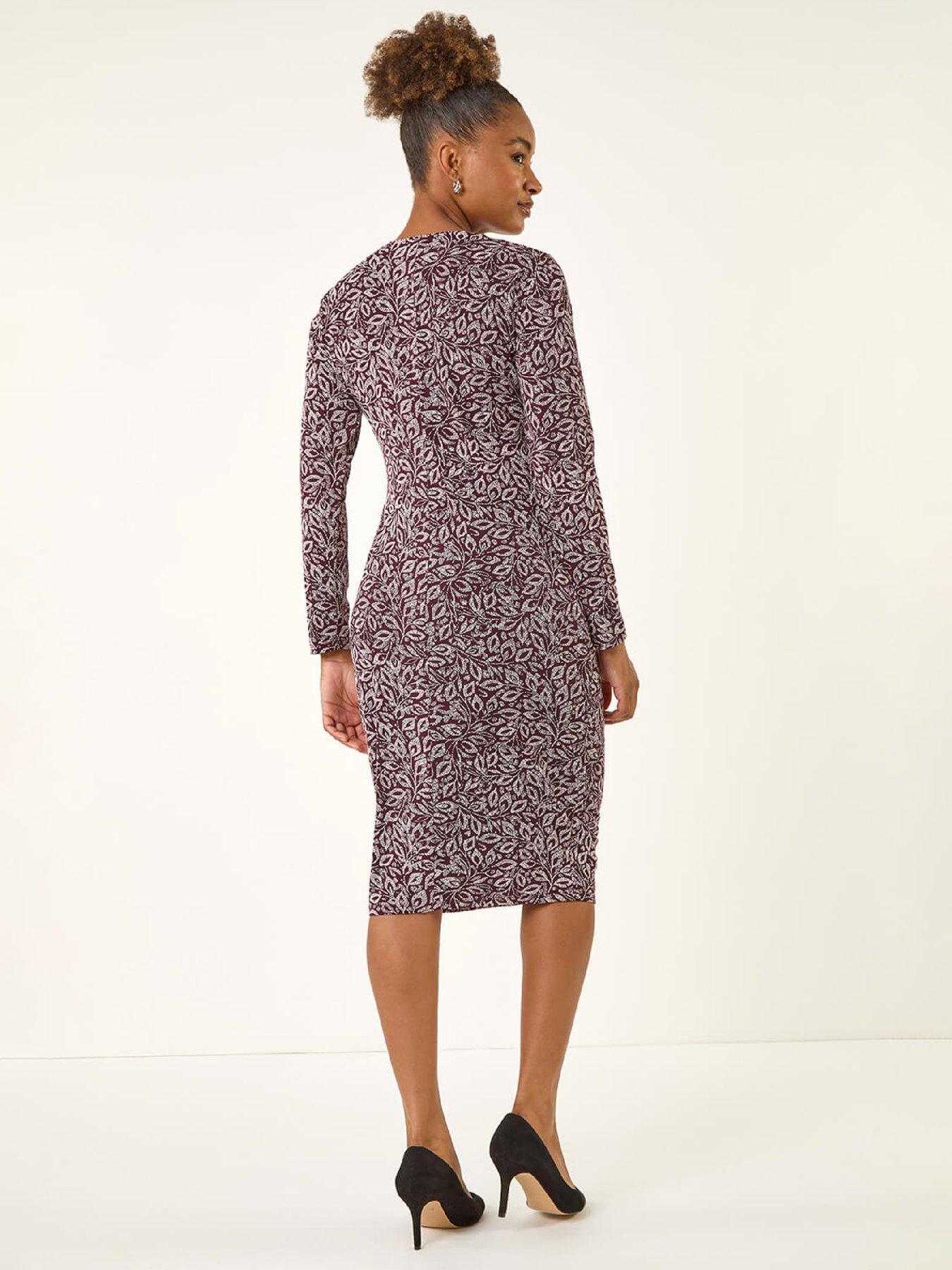  image of roman-leaf-print-chain-detail-midi-dress-burgundy