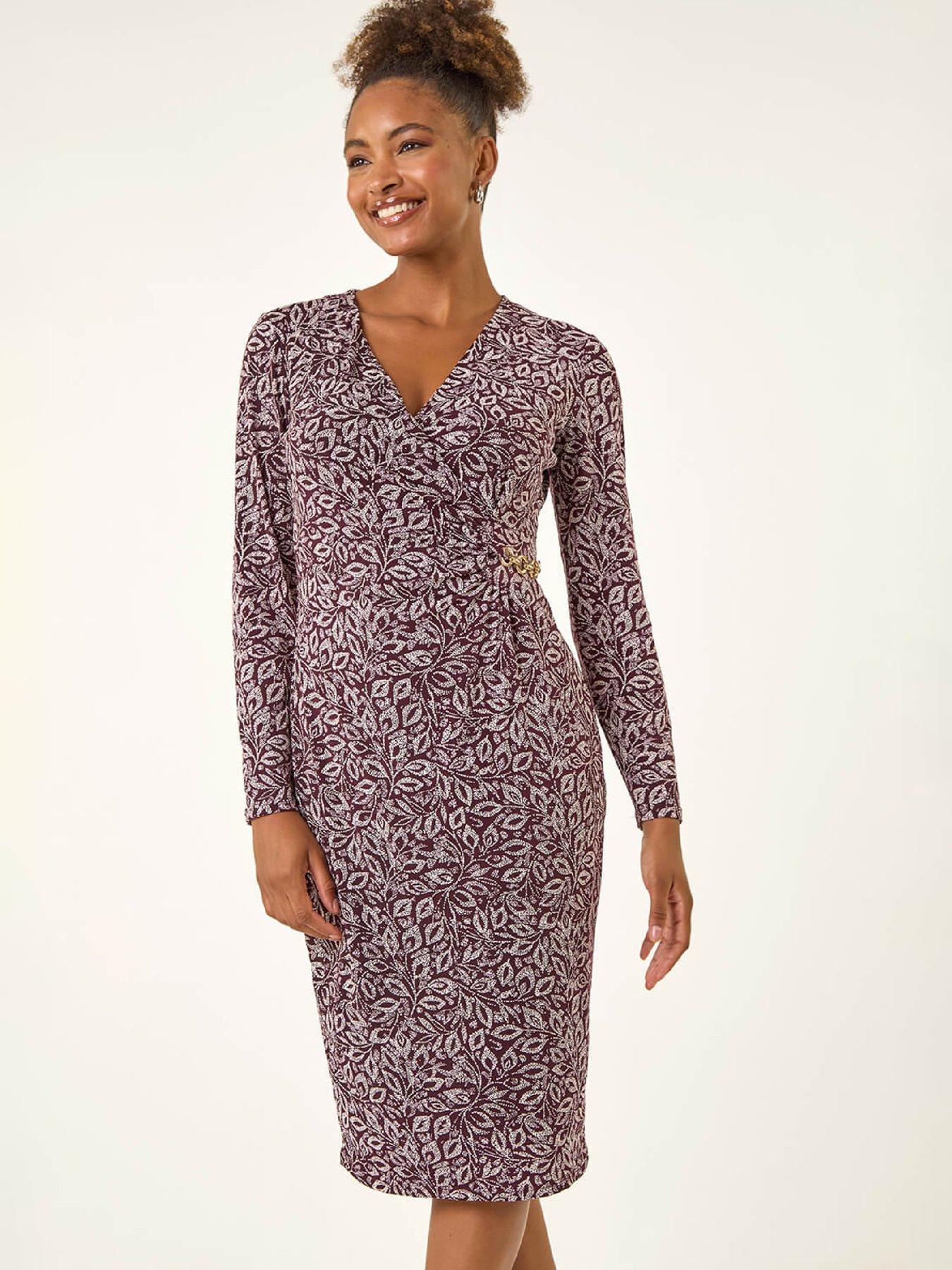  image of roman-leaf-print-chain-detail-midi-dress-burgundy