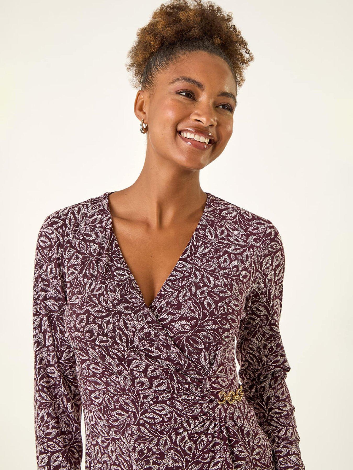  image of roman-leaf-print-chain-detail-midi-dress-burgundy