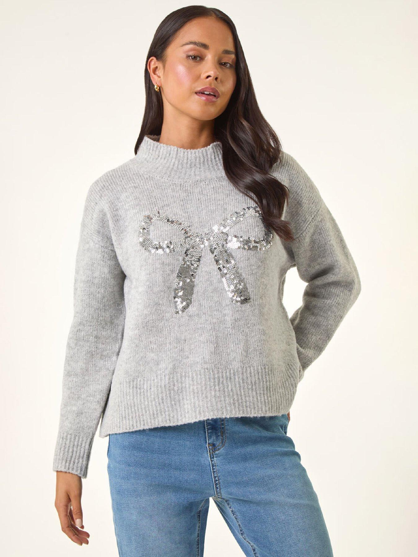 Roman Petite Sequin Bow Knit Jumper - Grey