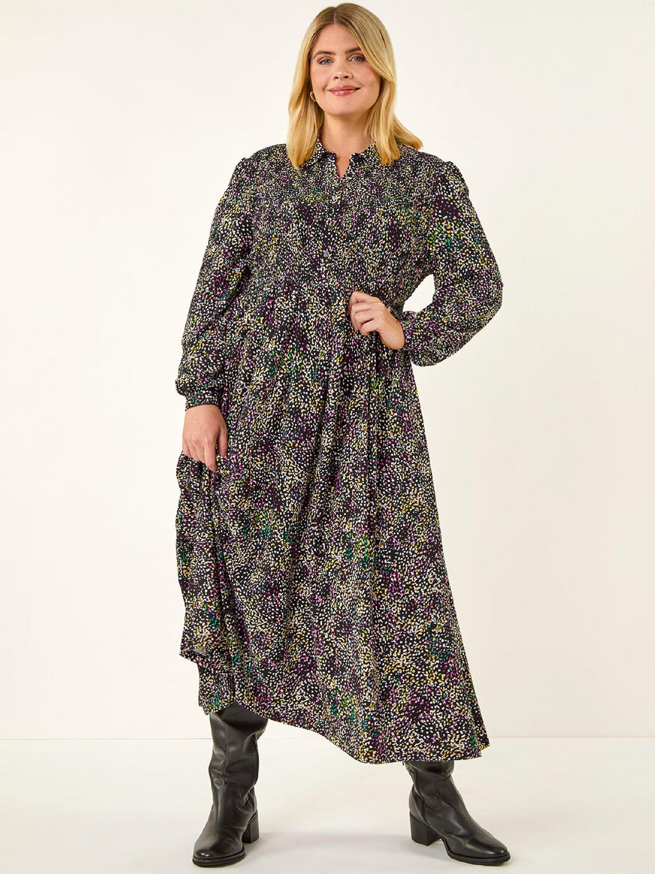 Image 1 of 5 of Roman Curve Abstract Print Shirred Midi Dress - Purple