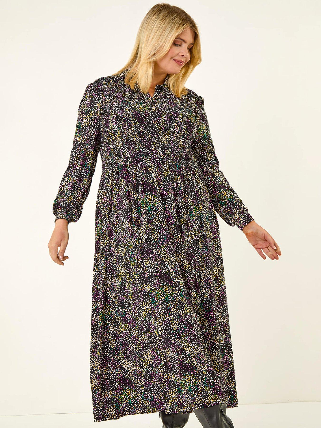 Image 3 of 5 of Roman Curve Abstract Print Shirred Midi Dress - Purple