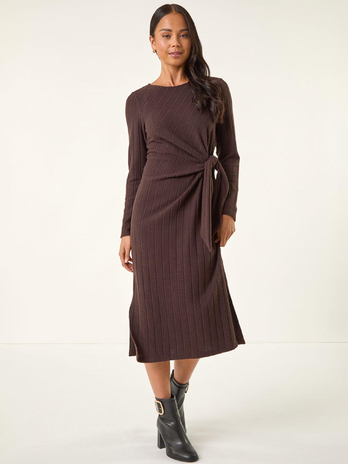 Image 1 of 5 of Roman Petite Brushed Tie Waist Stretch Midi Dress - Chocolate