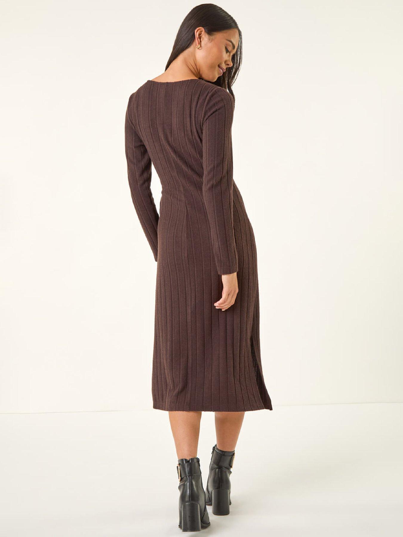 Image 2 of 5 of Roman Petite Brushed Tie Waist Stretch Midi Dress - Chocolate