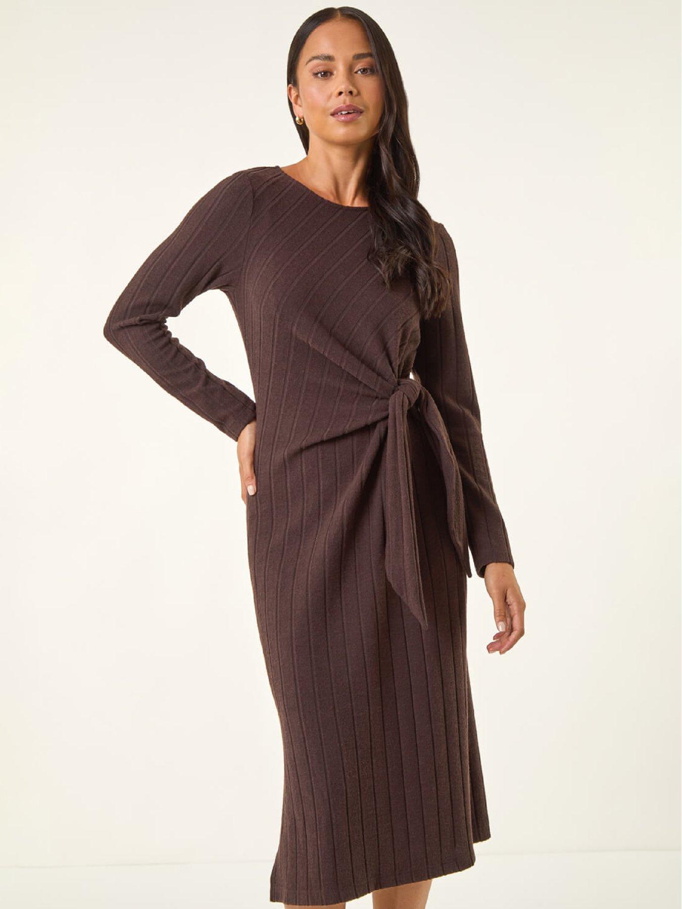 Image 3 of 5 of Roman Petite Brushed Tie Waist Stretch Midi Dress - Chocolate