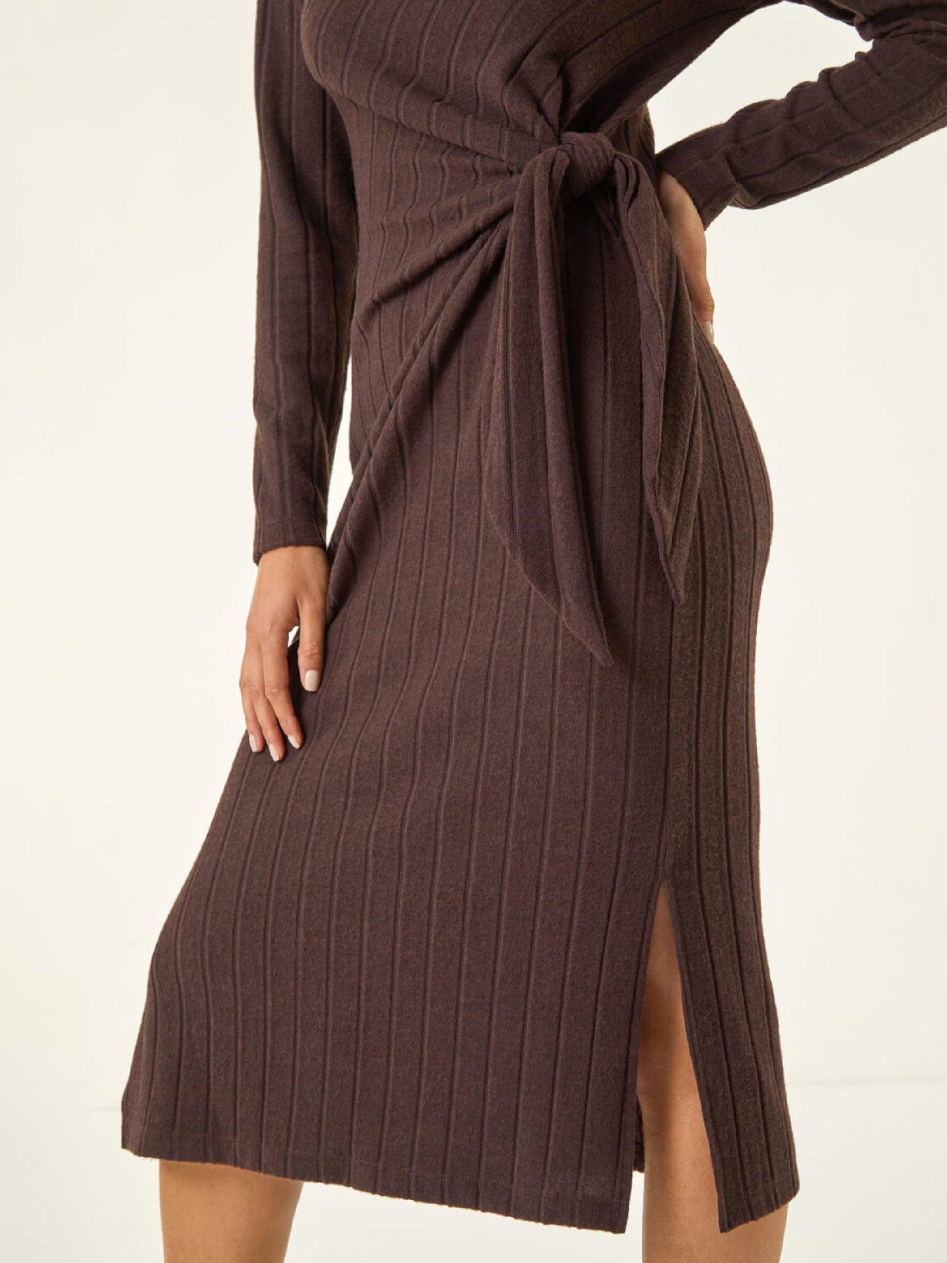 Image 5 of 5 of Roman Petite Brushed Tie Waist Stretch Midi Dress - Chocolate