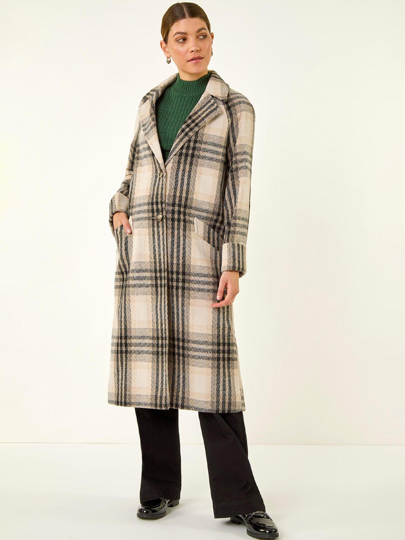 Roman Check Print Longline Coat - Ivory