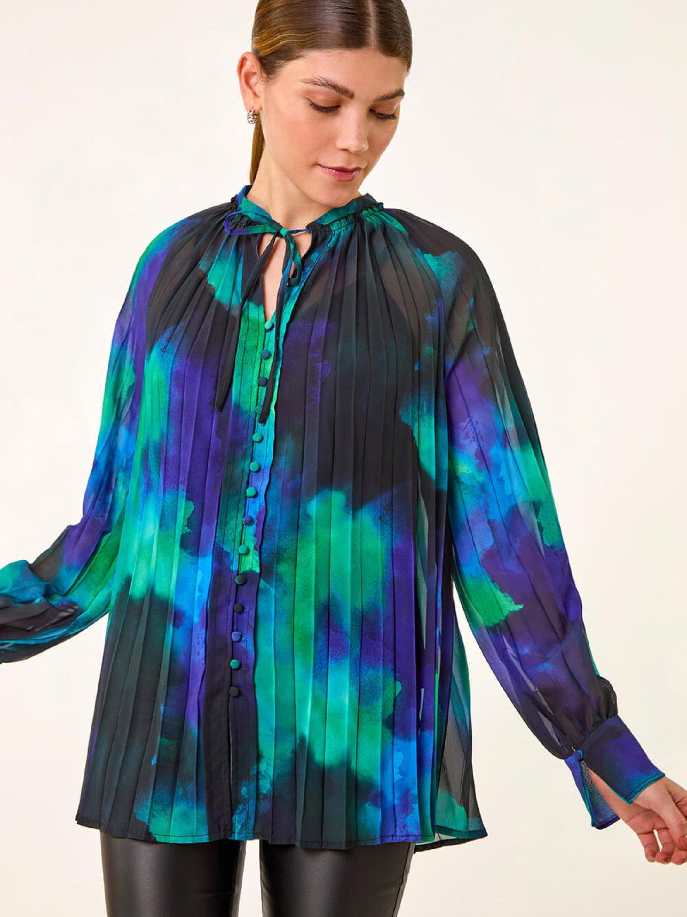 Roman Watercolour Tie Neck Pleated Blouse - Blue