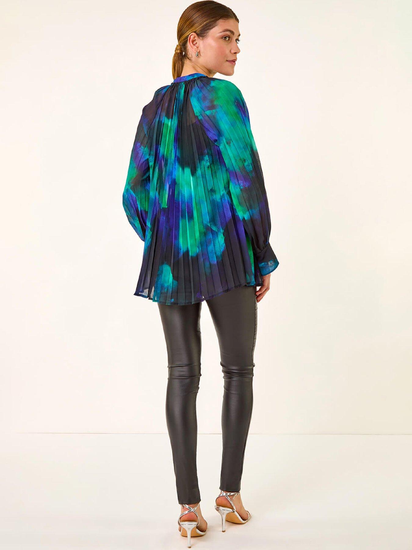 Image 2 of 5 of Roman Watercolour Tie Neck Pleated Blouse - Blue