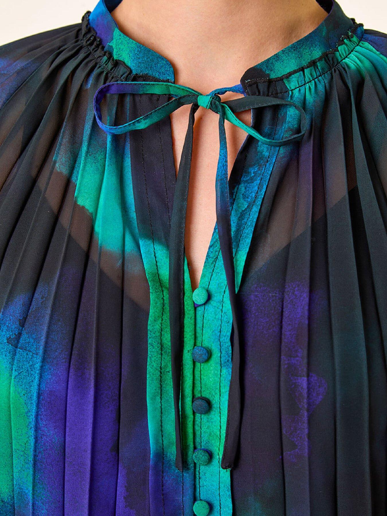 Image 5 of 5 of Roman Watercolour Tie Neck Pleated Blouse - Blue