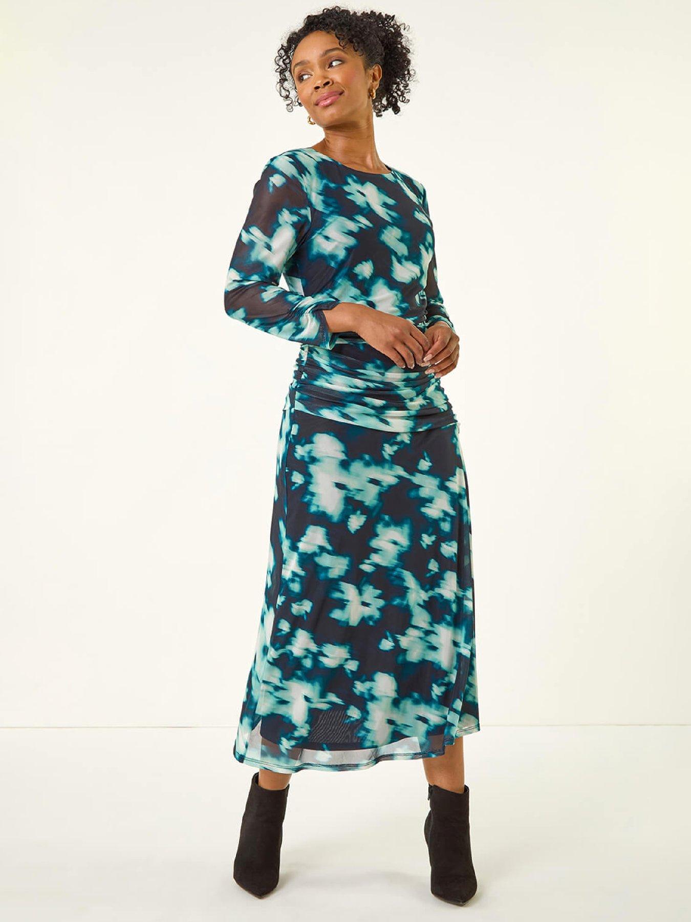  image of roman-petite-print-mesh-ruched-midi-dress-teal