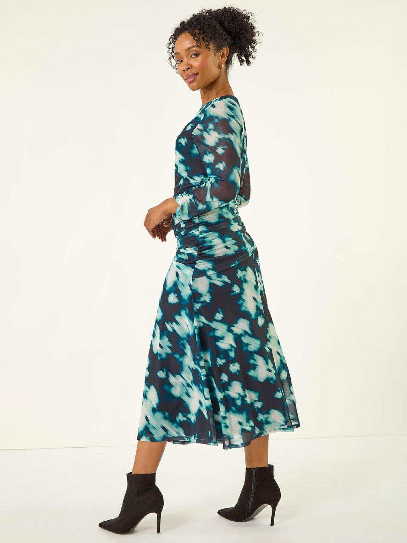  image of roman-petite-print-mesh-ruched-midi-dress-teal