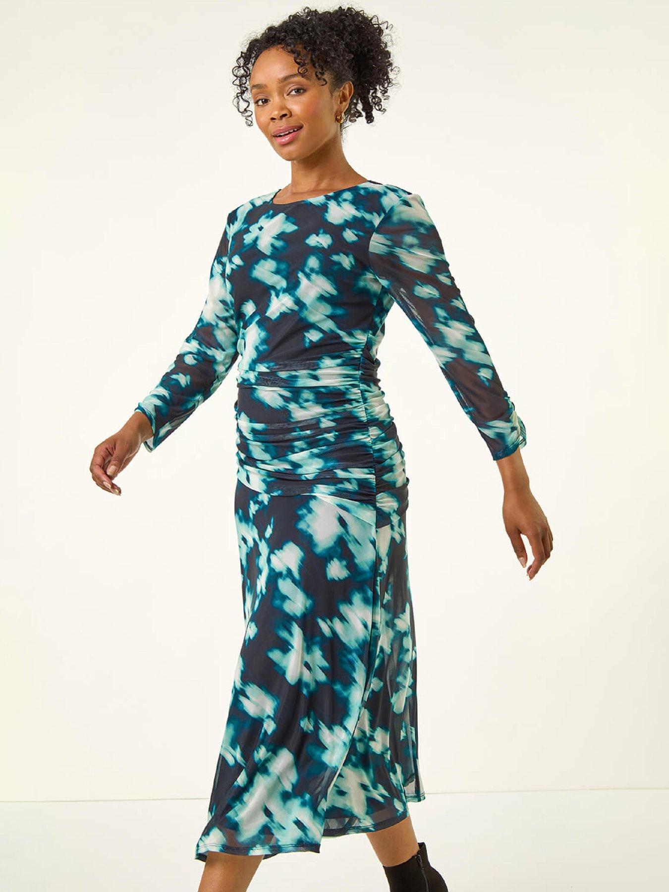  image of roman-petite-print-mesh-ruched-midi-dress-teal