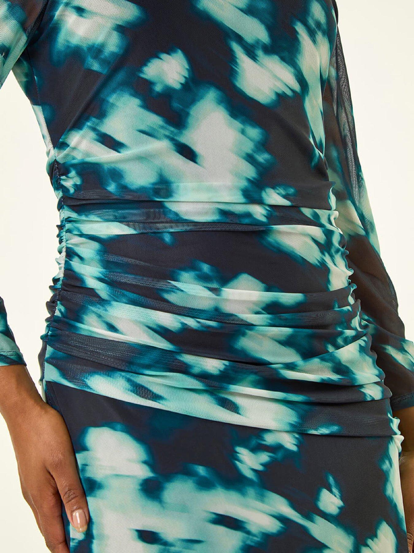  image of roman-petite-print-mesh-ruched-midi-dress-teal