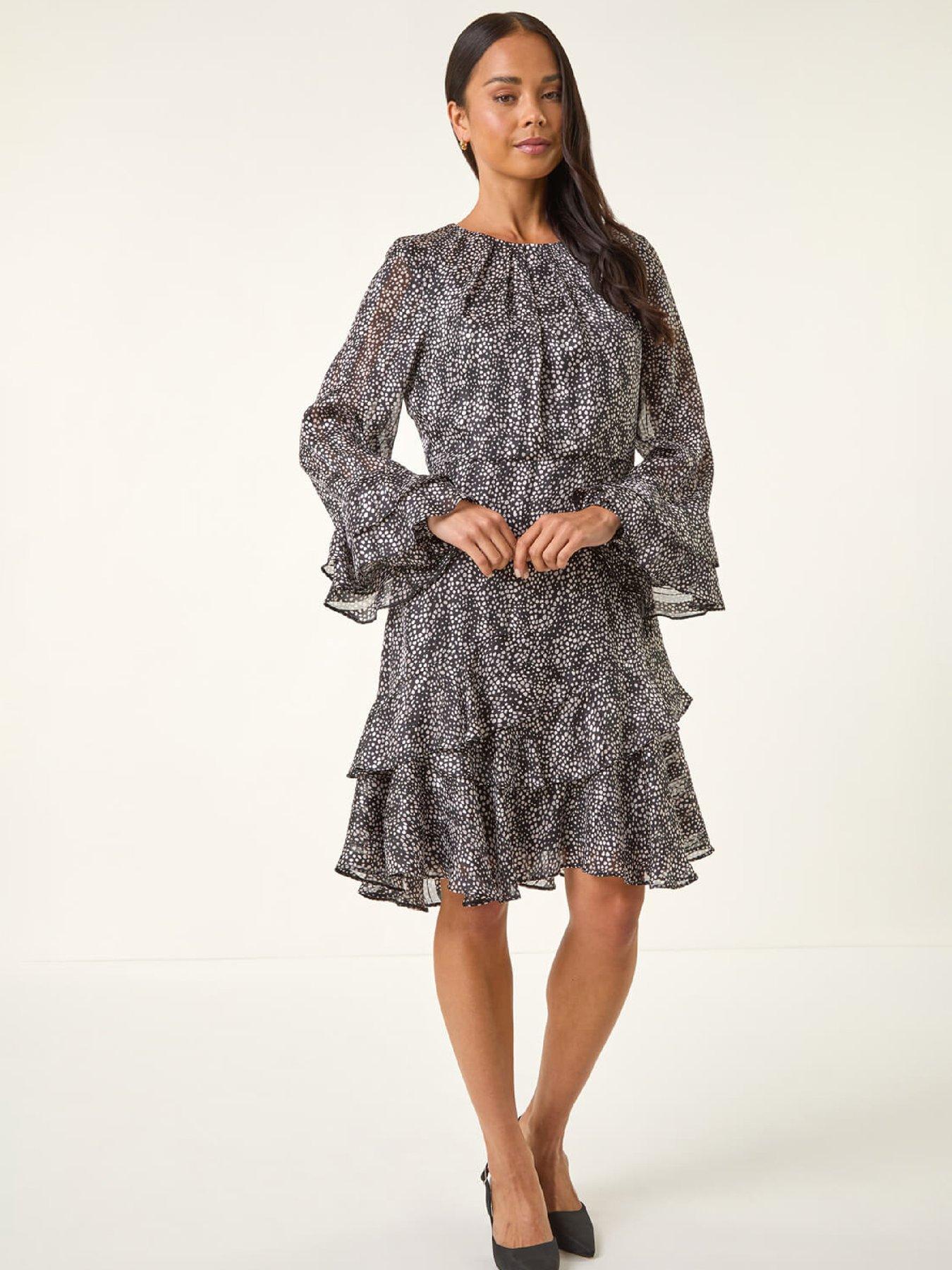 Roman Petite Abstract Print Frill Dress - Black