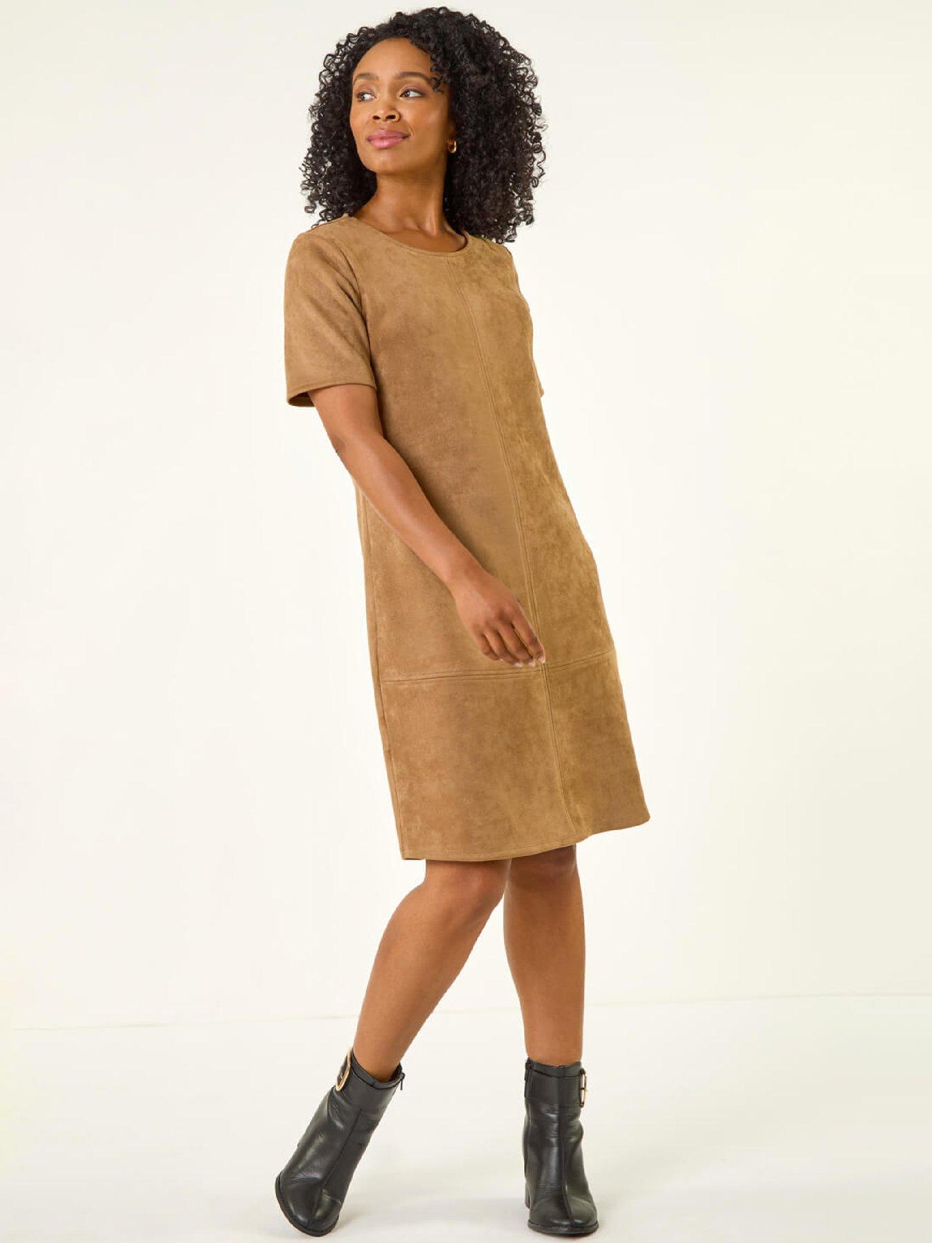 Image 1 of 5 of Roman Petite Suedette Shift Dress - Tan