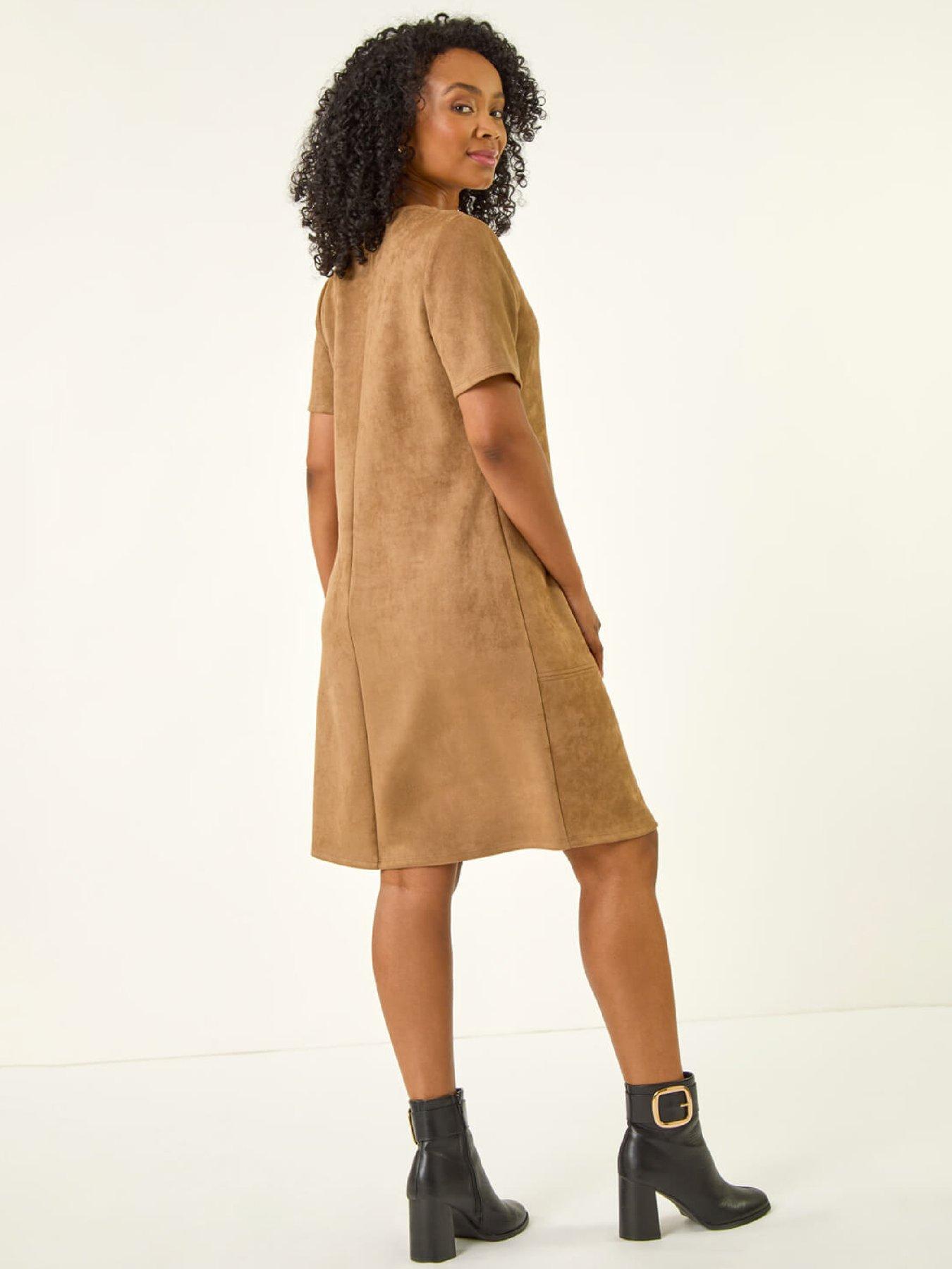 Image 2 of 5 of Roman Petite Suedette Shift Dress - Tan