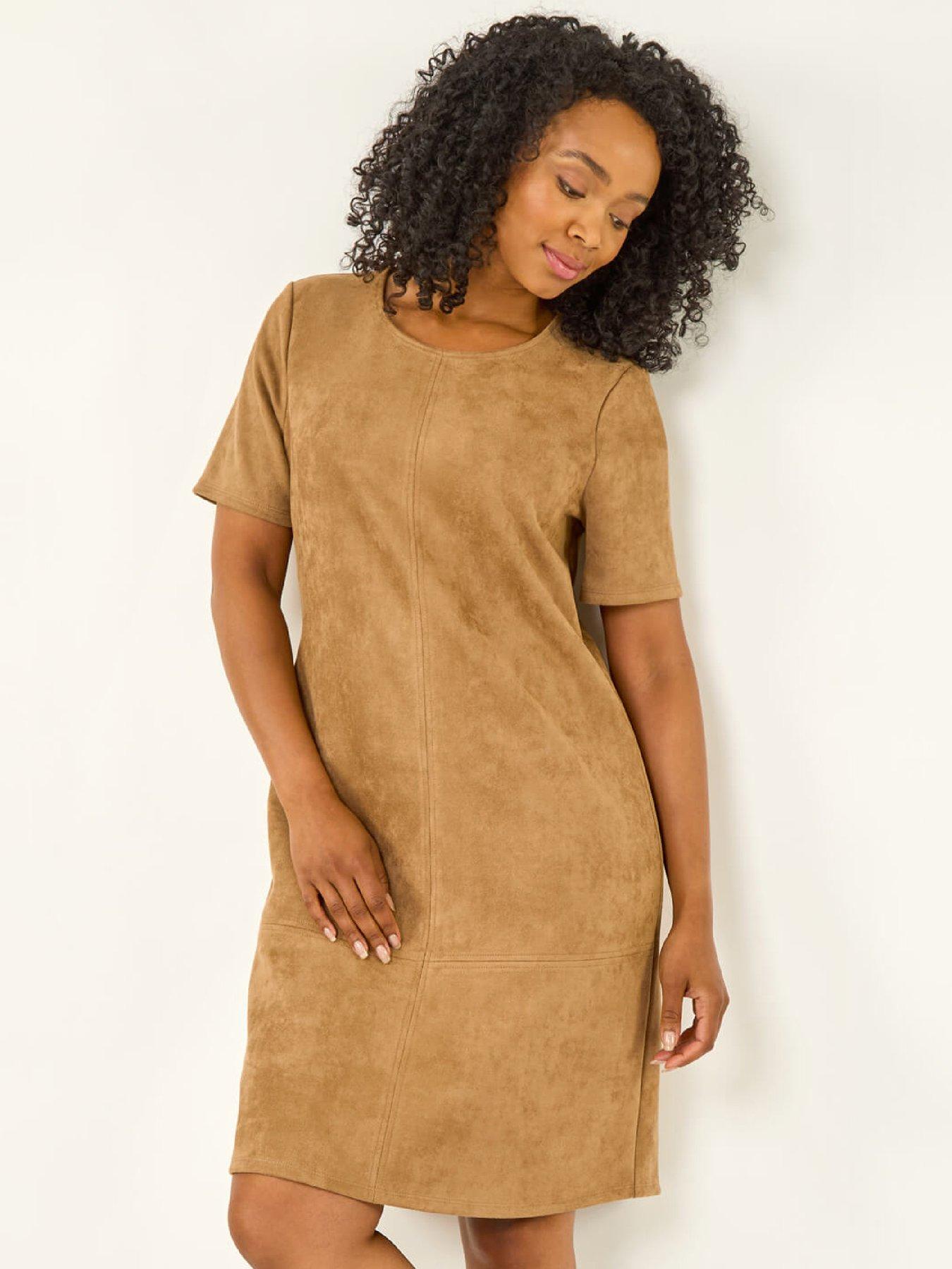Image 3 of 5 of Roman Petite Suedette Shift Dress - Tan