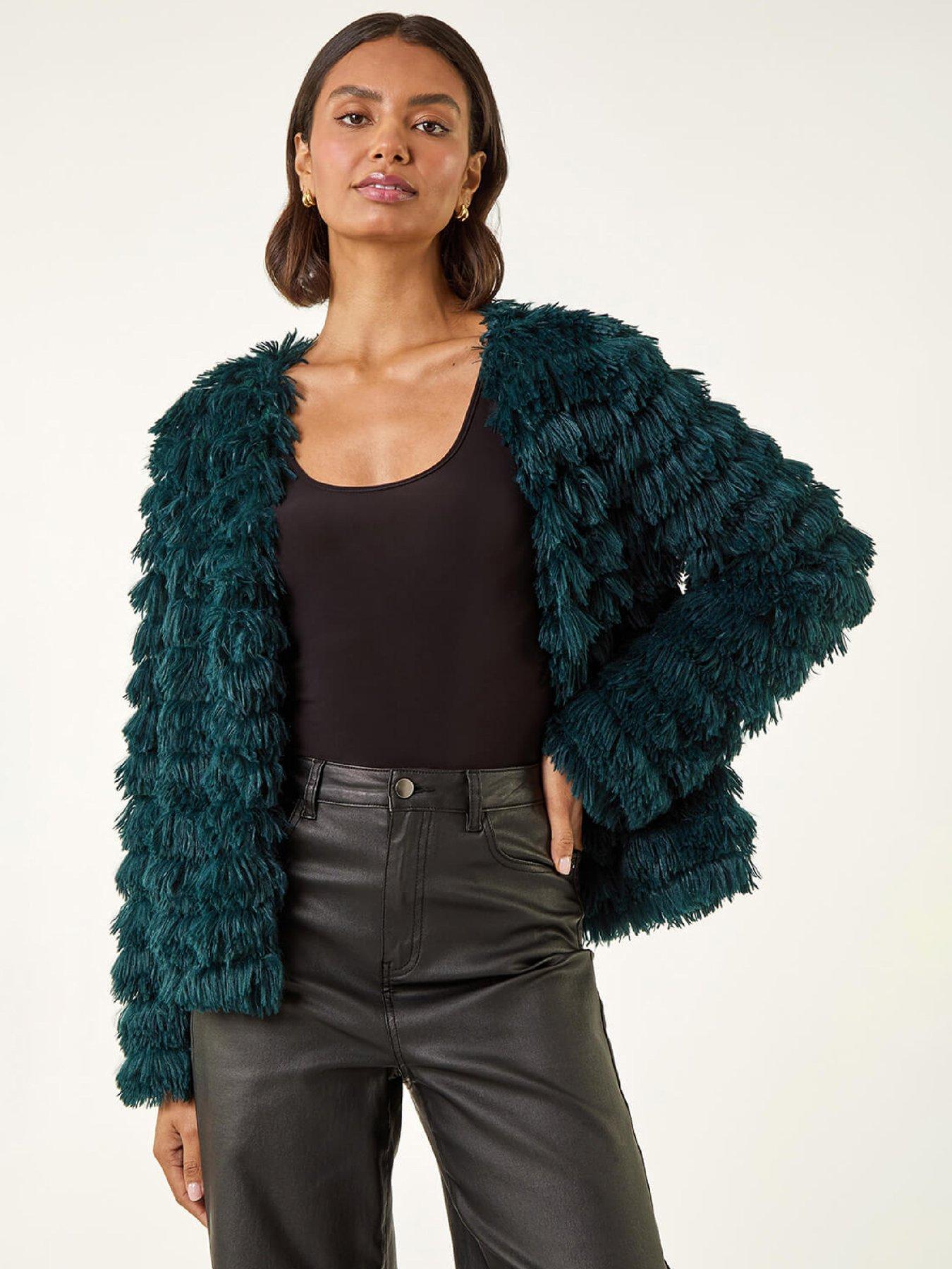 Roman Faux Fur Fluffy Layered Jacket - Teal