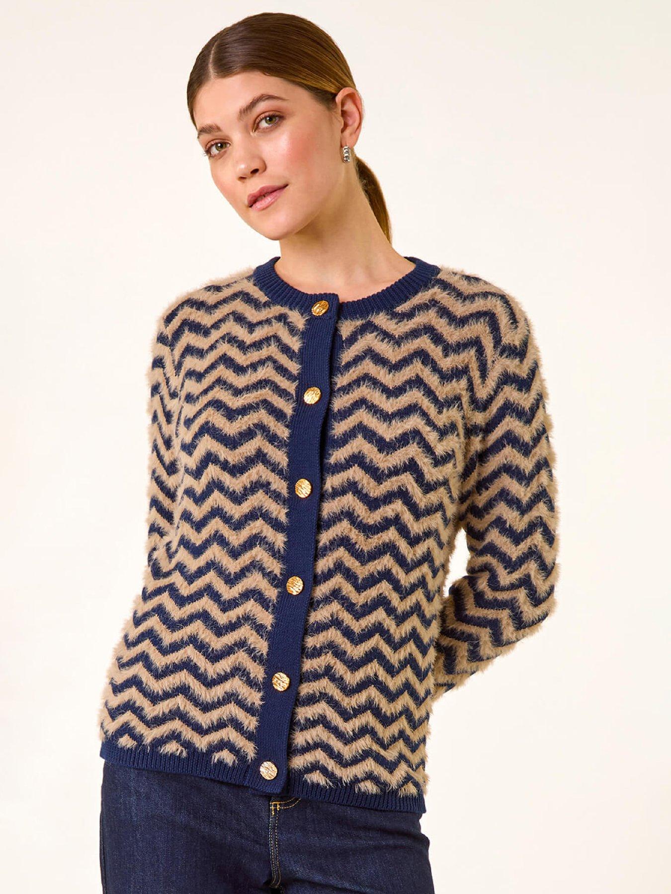 Roman Fluffy Stripe Knit Cardigan - Navy
