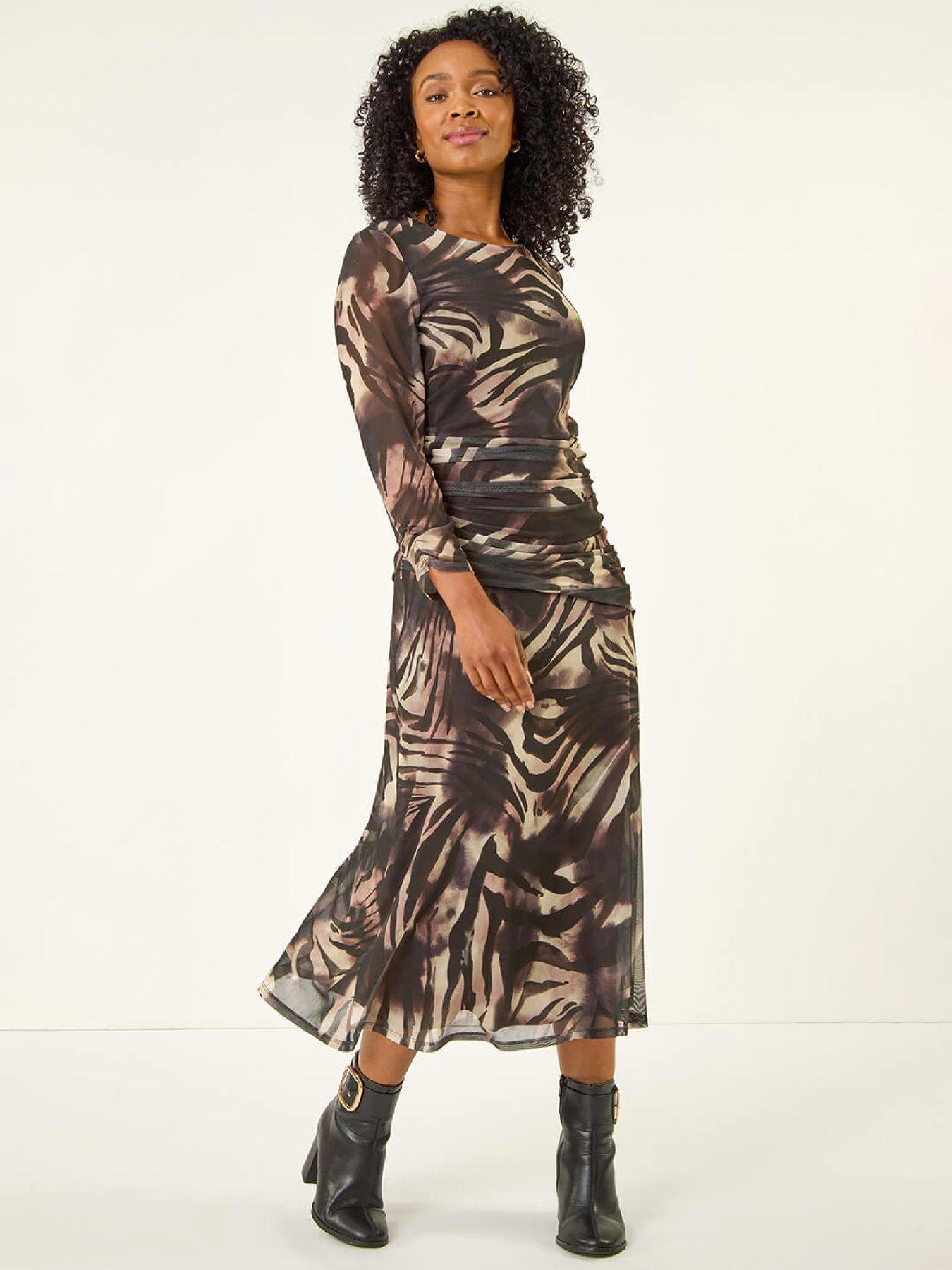  image of roman-petite-animal-print-mesh-ruched-midi-dress-black