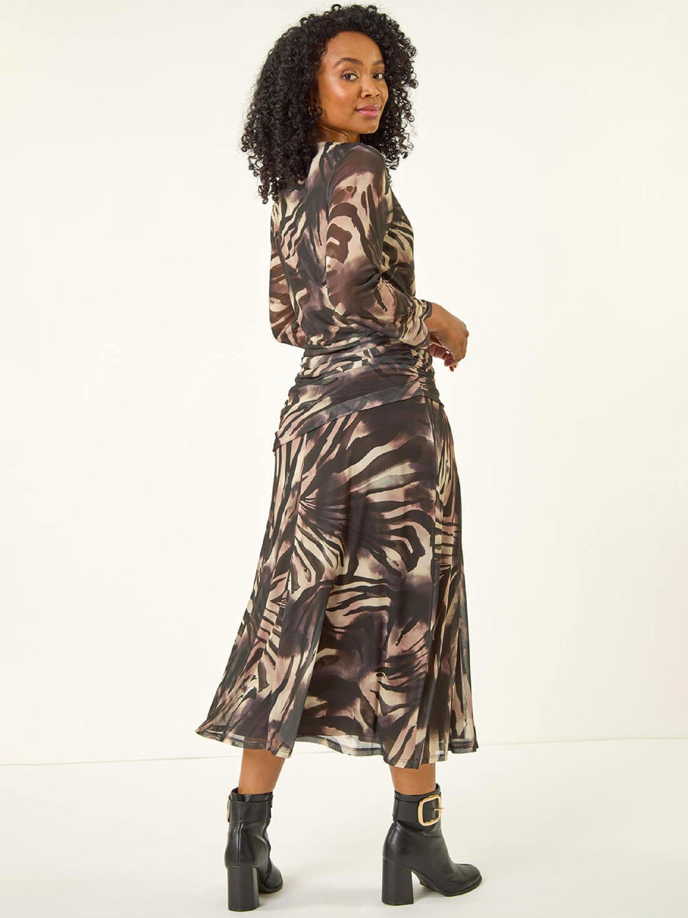  image of roman-petite-animal-print-mesh-ruched-midi-dress-black