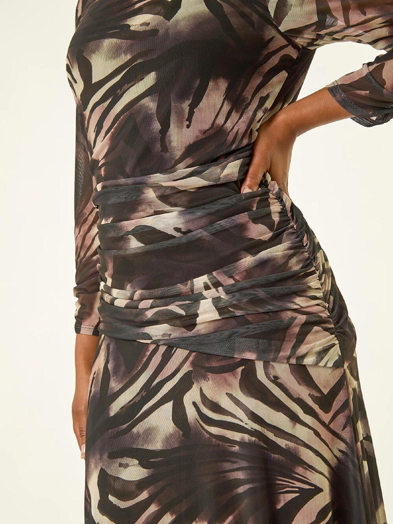  image of roman-petite-animal-print-mesh-ruched-midi-dress-black