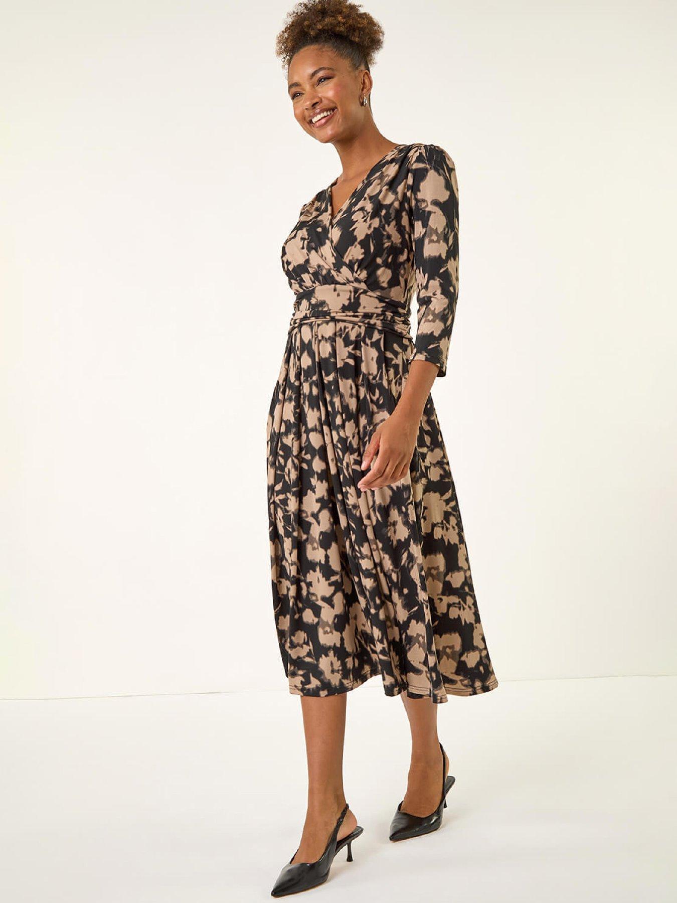 Roman Abstract Floral Print Wrap Midi Dress - Taupe
