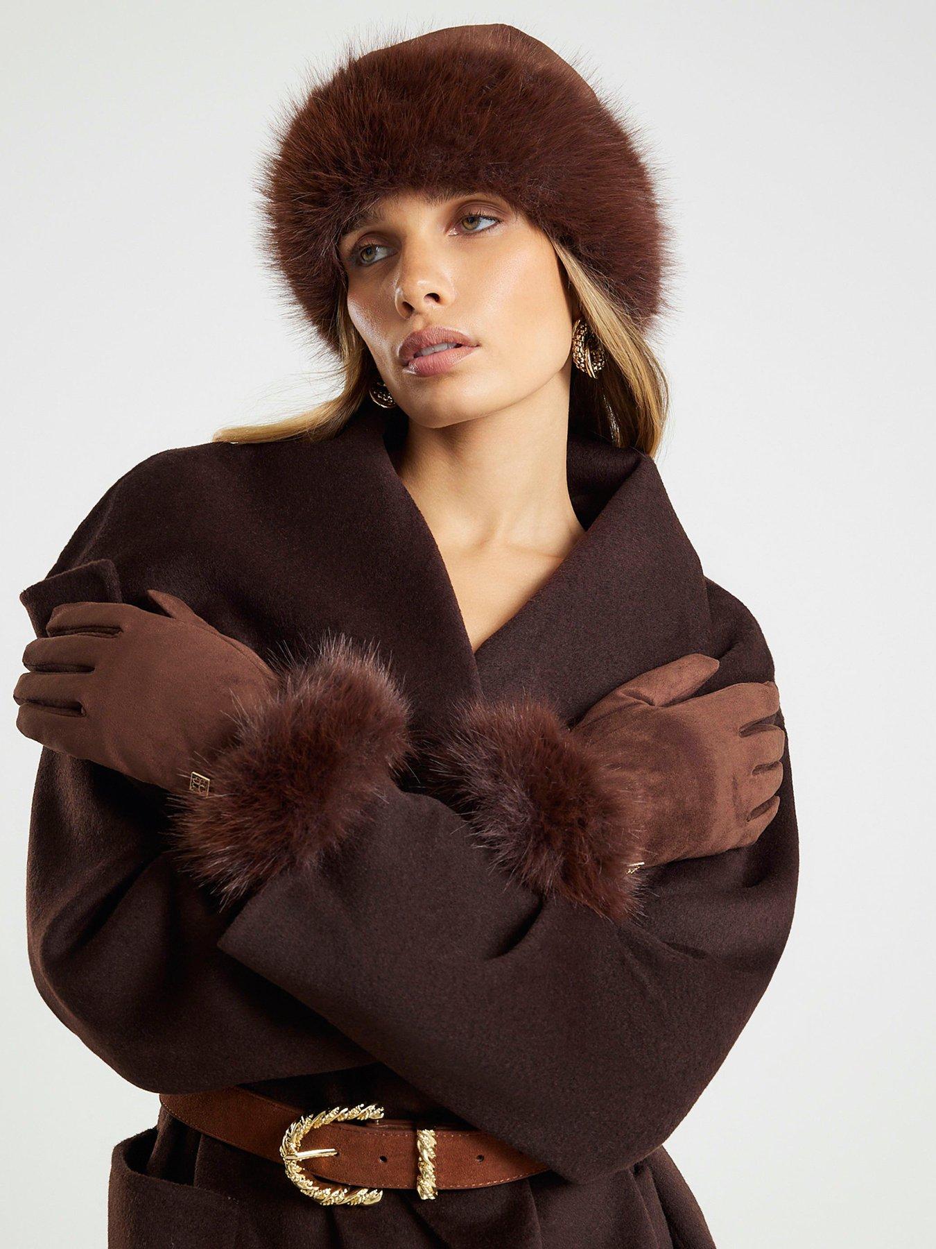 stillFront image of river-island-faux-fur-trim-suedette-glove-brown