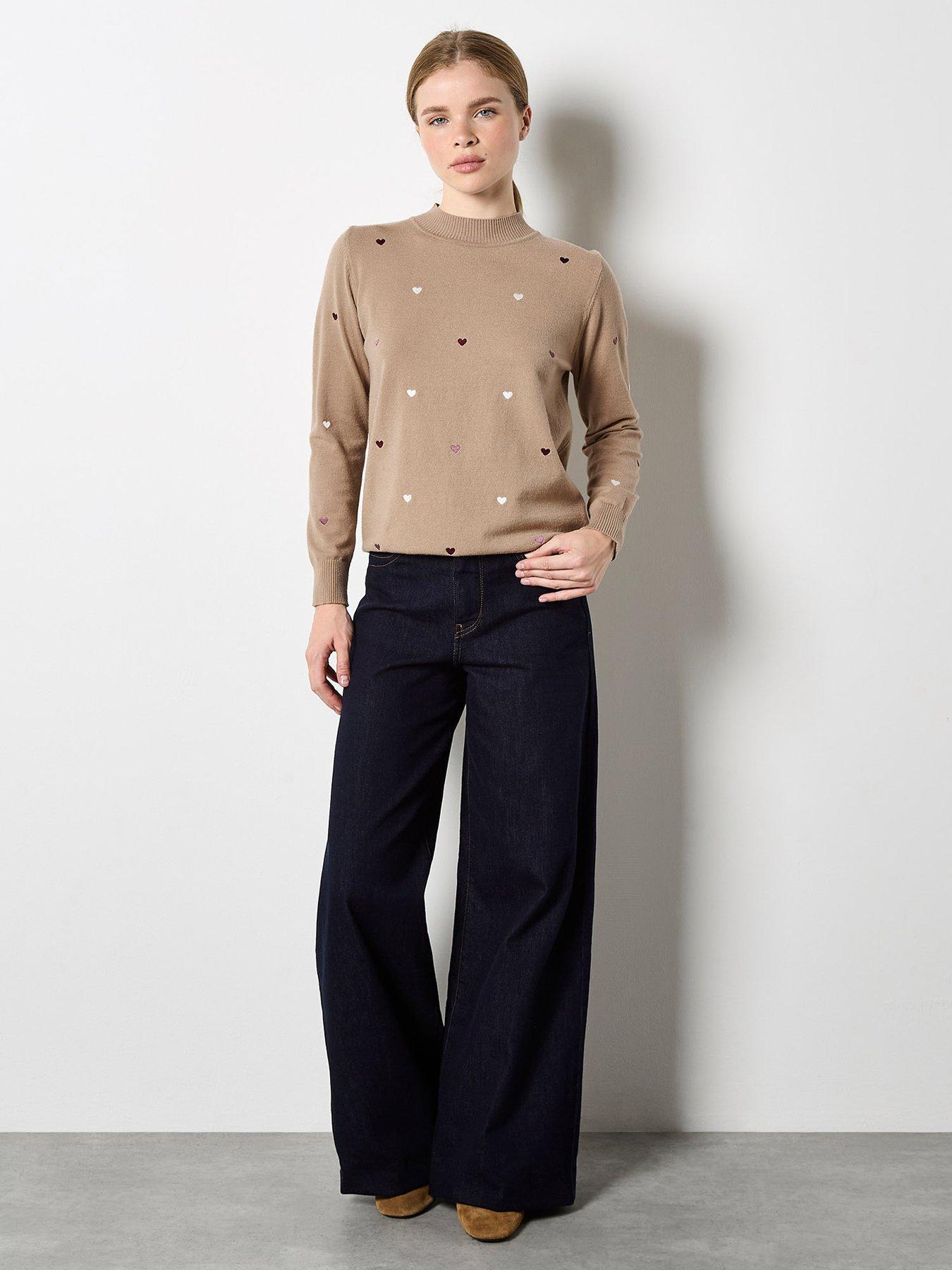 undefined Embroidered Heart Fine Knit Mock Neck Jumper - Beige