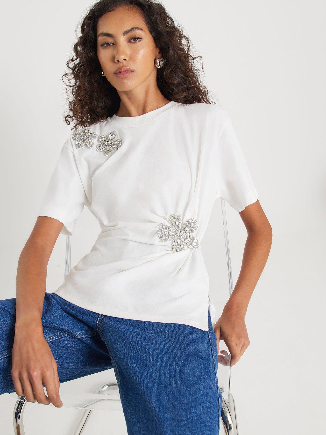 front image of river-island-short-sleeve-diamante-floral-cinched-t-shirt-white