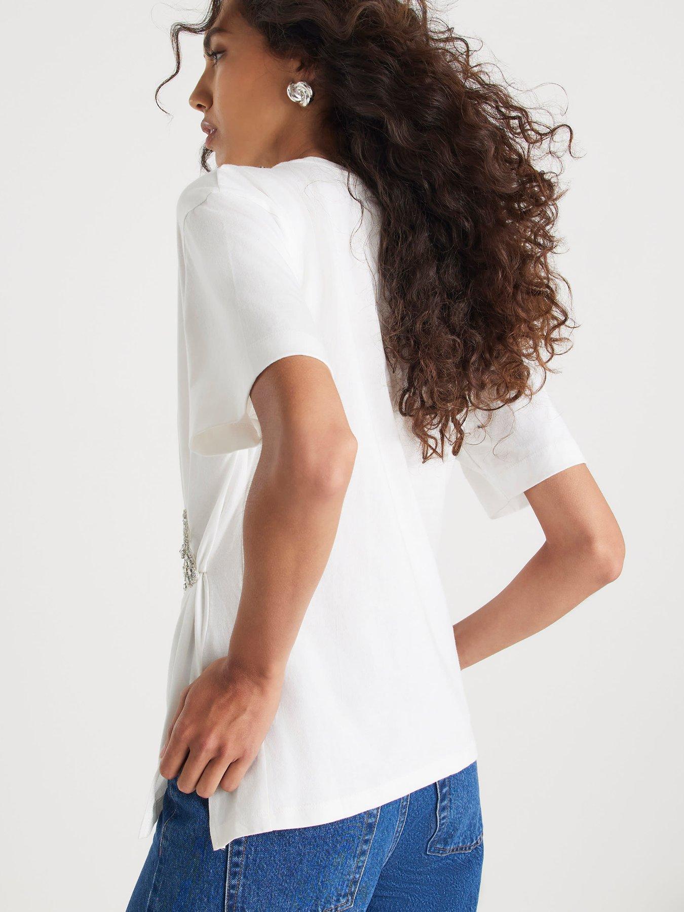 stillFront image of river-island-short-sleeve-diamante-floral-cinched-t-shirt-white